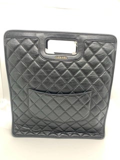Rare Chanel Black Quilted Aged Calfskin Charms Cut Out Handle Shopping Tote