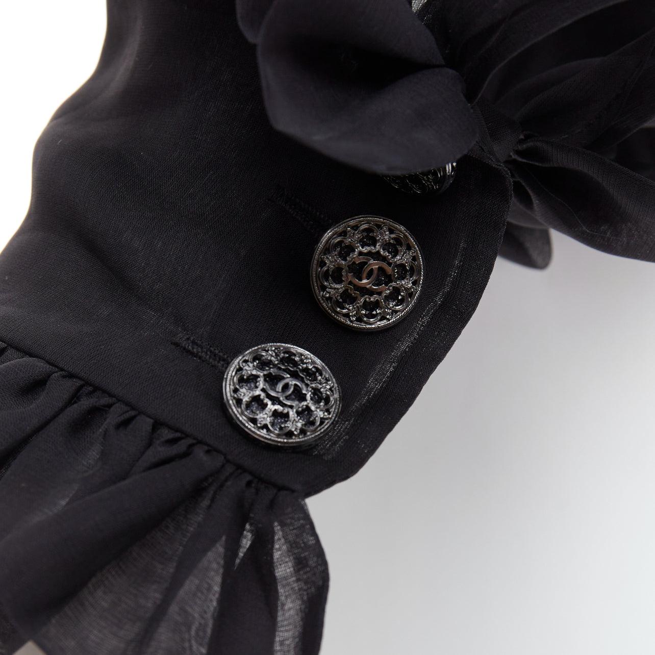 rare CHANEL black sheer silk Victorian ruffle collar zip up bomber jacket For Sale 5