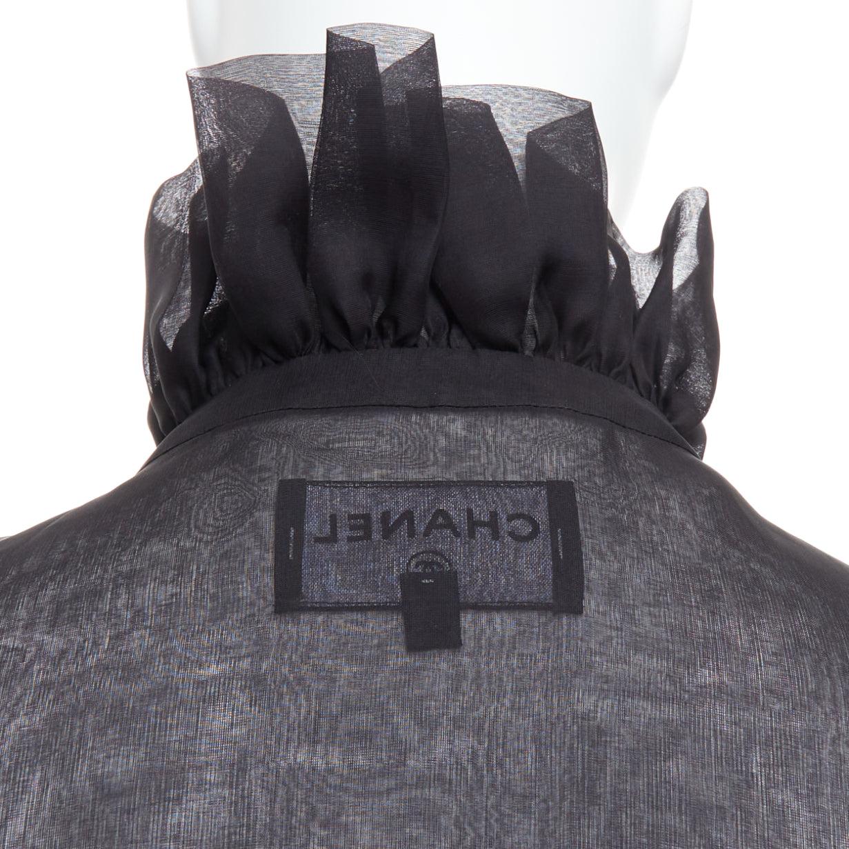 rare CHANEL black sheer silk Victorian ruffle collar zip up bomber jacket For Sale 6