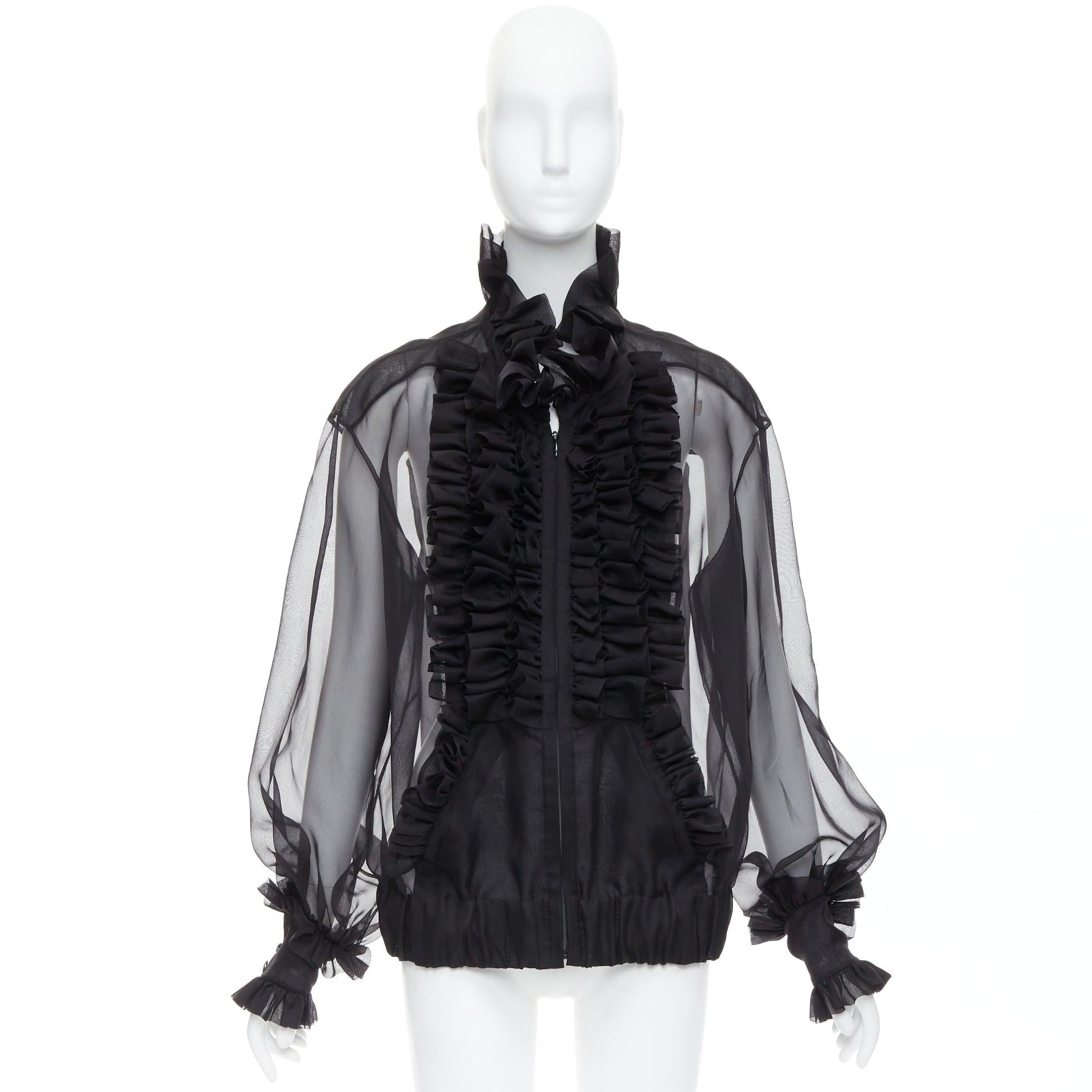 rare CHANEL black sheer silk Victorian ruffle collar zip up bomber jacket For Sale 8