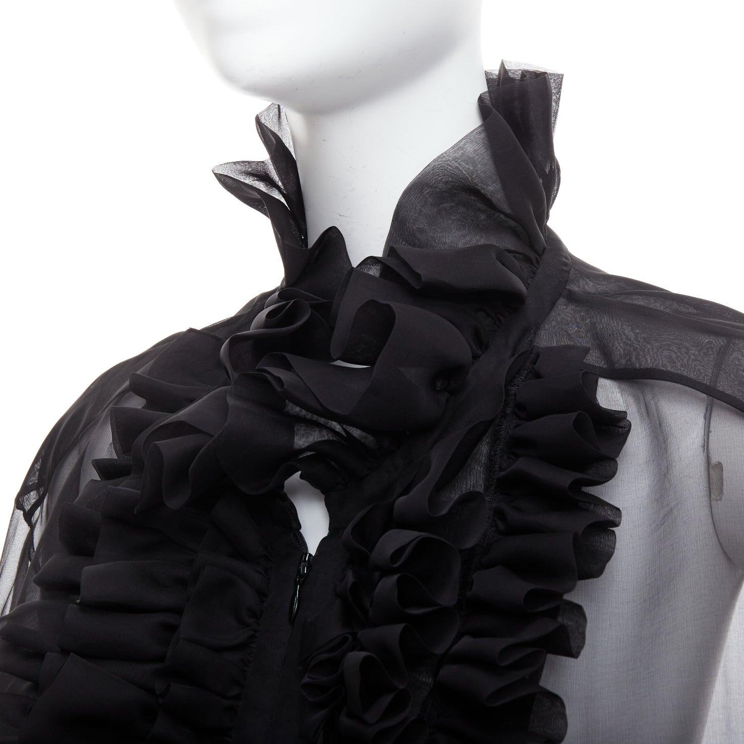 rare CHANEL black sheer silk Victorian ruffle collar zip up bomber jacket
Reference: BMPA/A00259
Brand: Chanel
Designer: Karl Lagerfeld
Collection: 16A Metiers d'Art Paris-Rome Look 40 - Runway
Material: Feels like silk
Color: Black
Pattern: