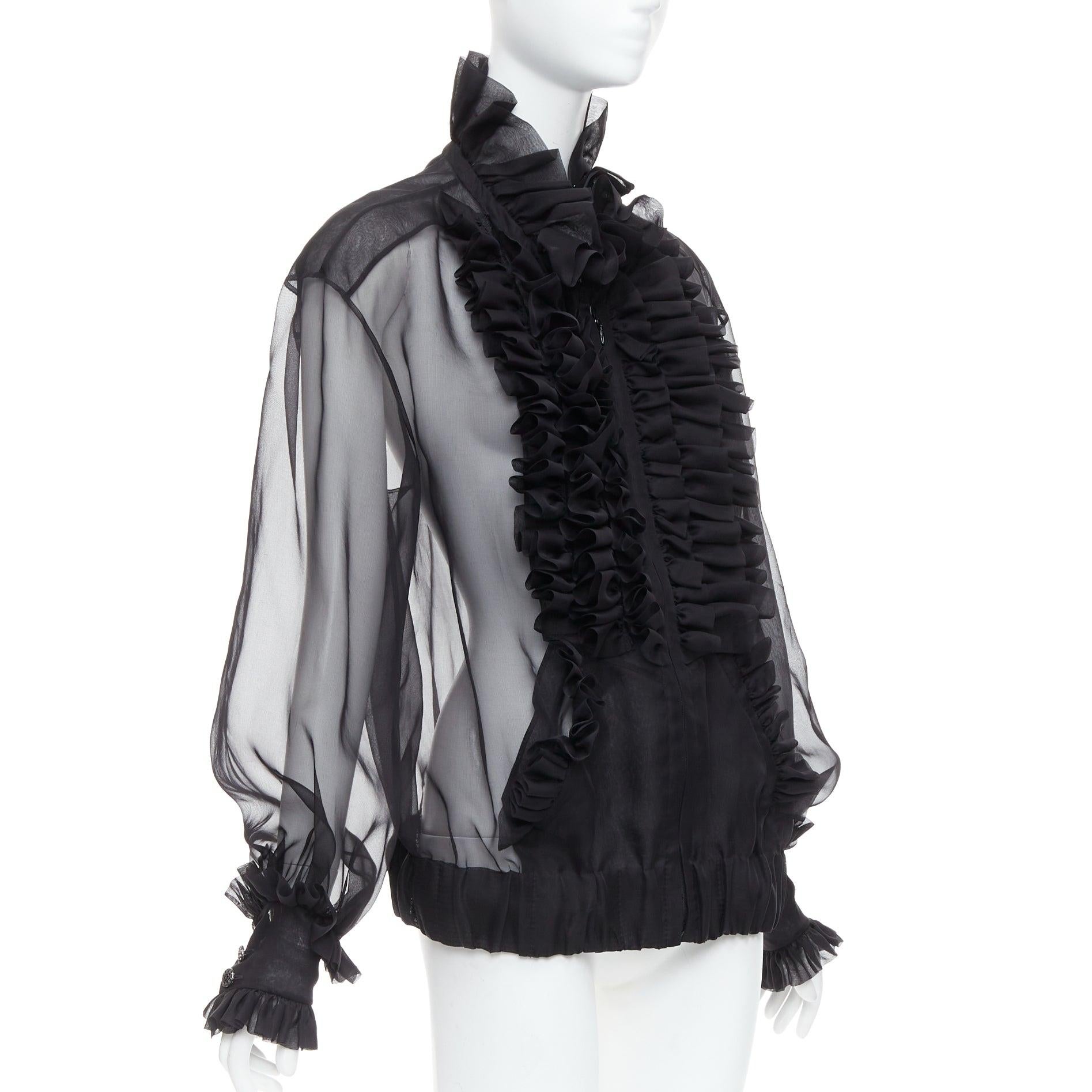 rare CHANEL black sheer silk Victorian ruffle collar zip up bomber jacket In Excellent Condition For Sale In Hong Kong, NT