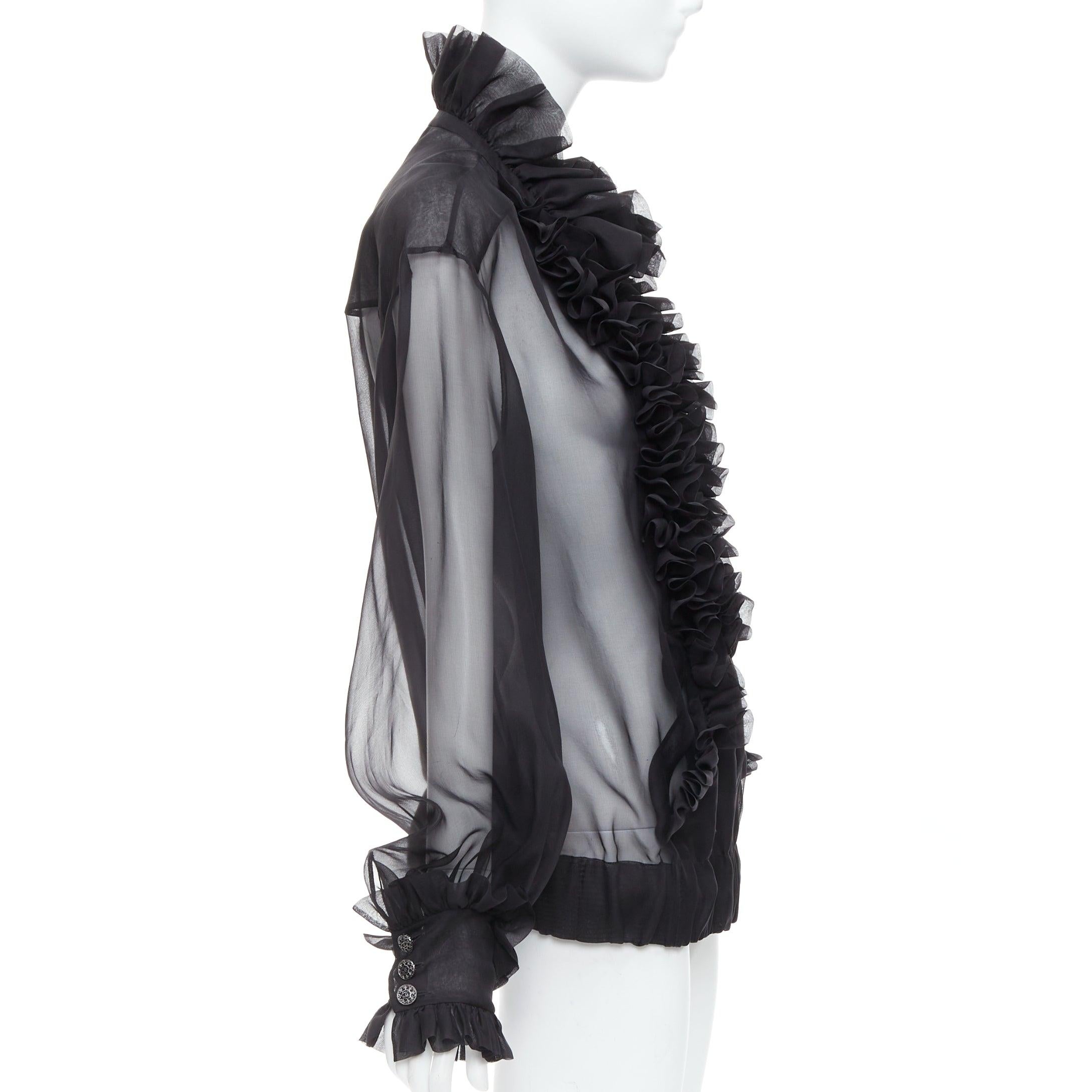 Women's rare CHANEL black sheer silk Victorian ruffle collar zip up bomber jacket For Sale