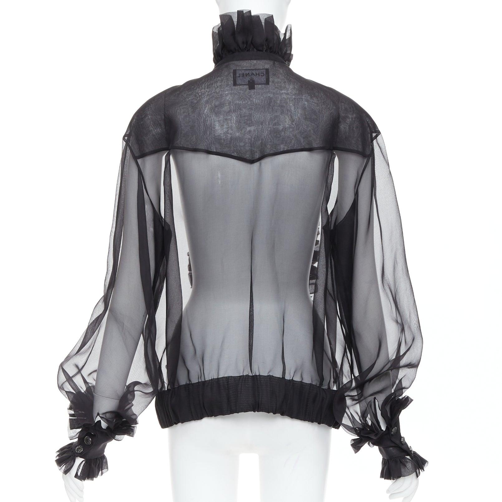 rare CHANEL black sheer silk Victorian ruffle collar zip up bomber jacket For Sale 1