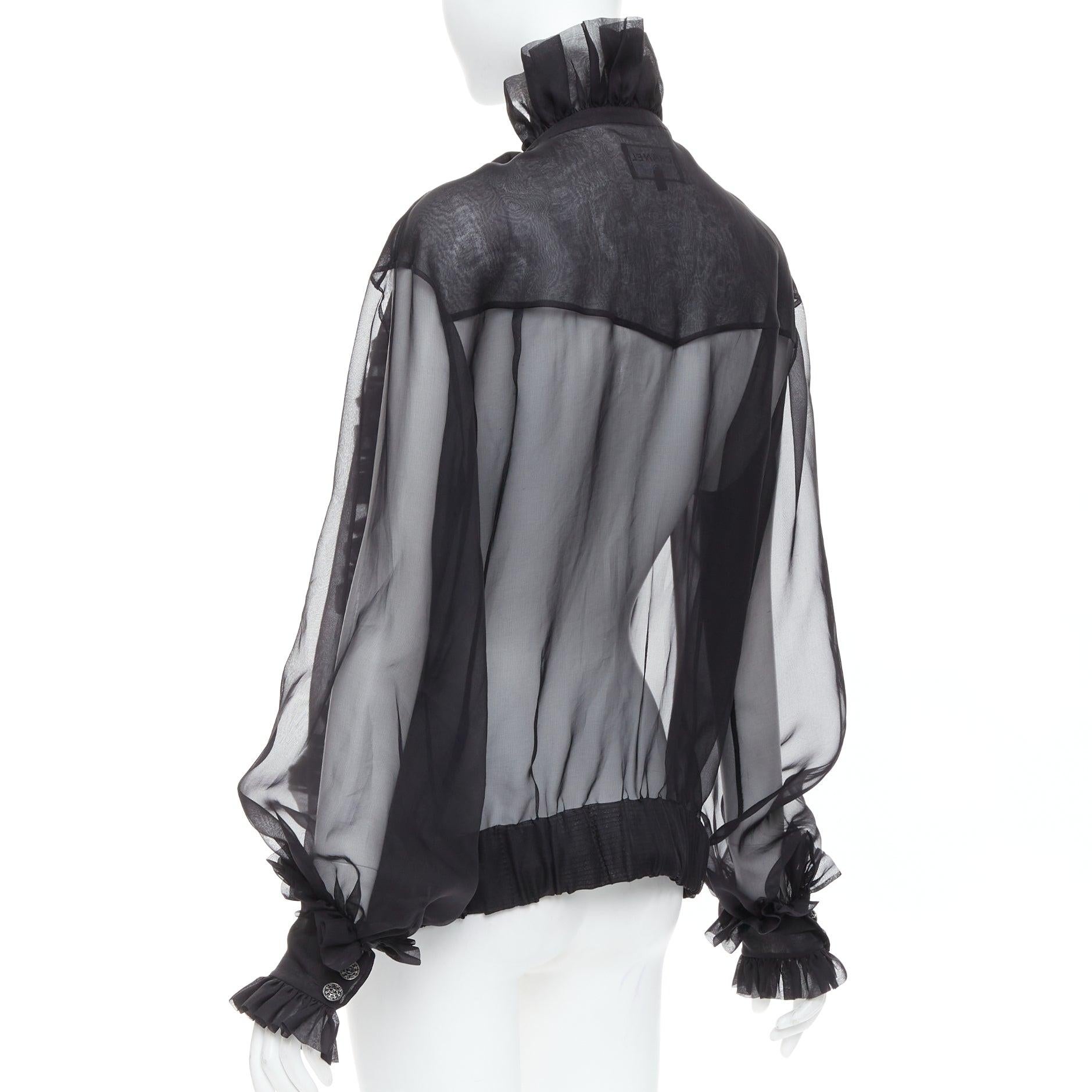 rare CHANEL black sheer silk Victorian ruffle collar zip up bomber jacket For Sale 2