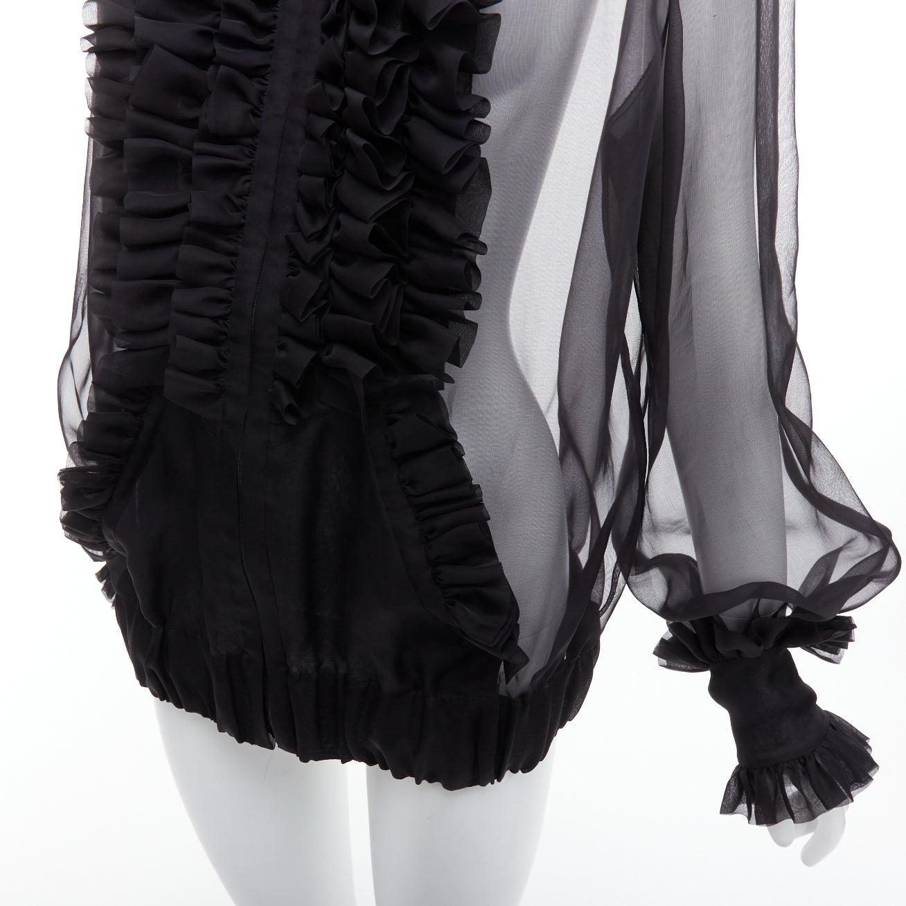 rare CHANEL black sheer silk Victorian ruffle collar zip up bomber jacket For Sale 3