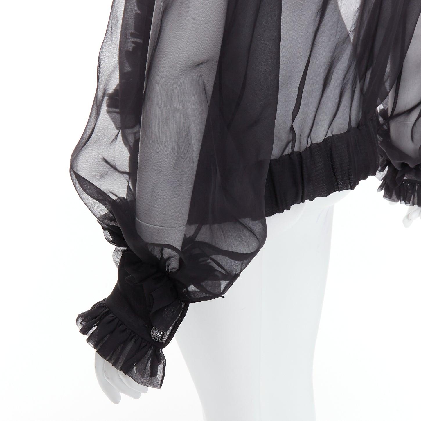 rare CHANEL black sheer silk Victorian ruffle collar zip up bomber jacket For Sale 4