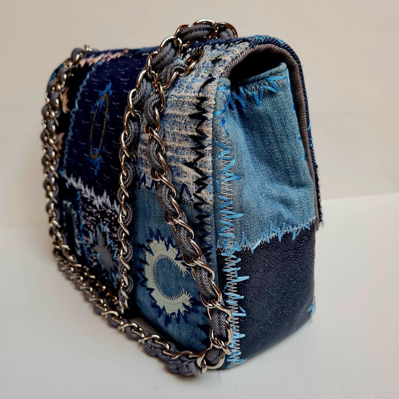 Rare Chanel Blue Denim Patchwork Quilted Jumbo Single Flap Bag 5