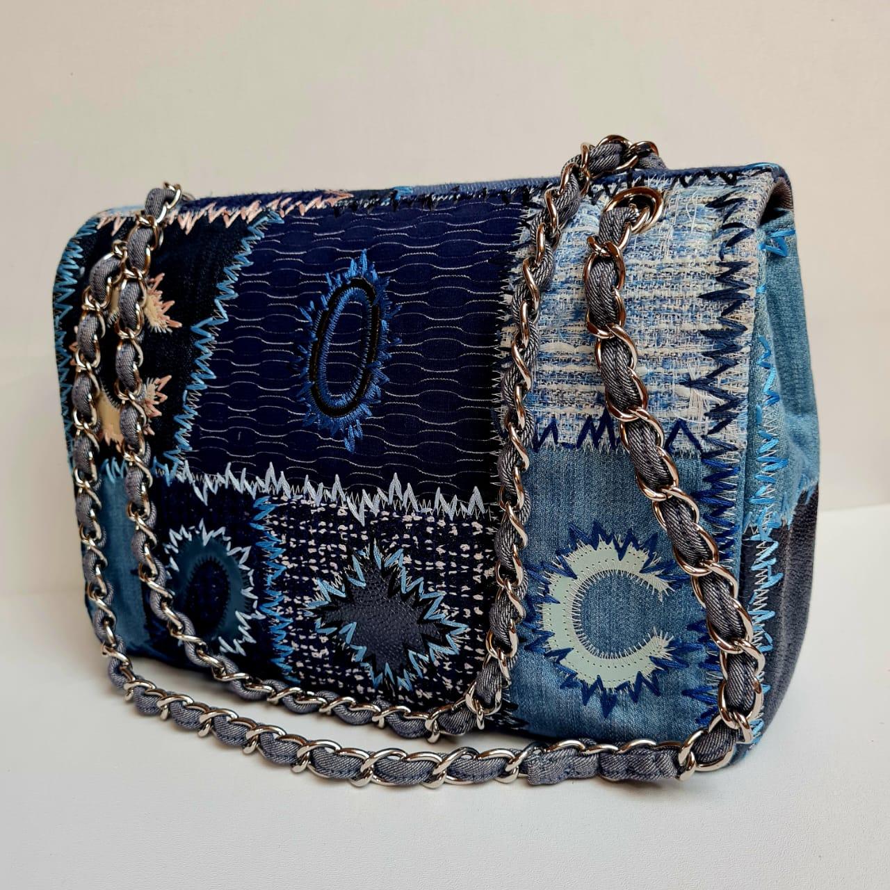 Rare Chanel Blue Denim Patchwork Quilted Jumbo Single Flap Bag 6