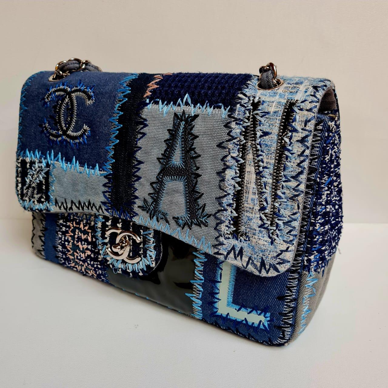 Rare Chanel Blue Denim Patchwork Quilted Jumbo Single Flap Bag 9