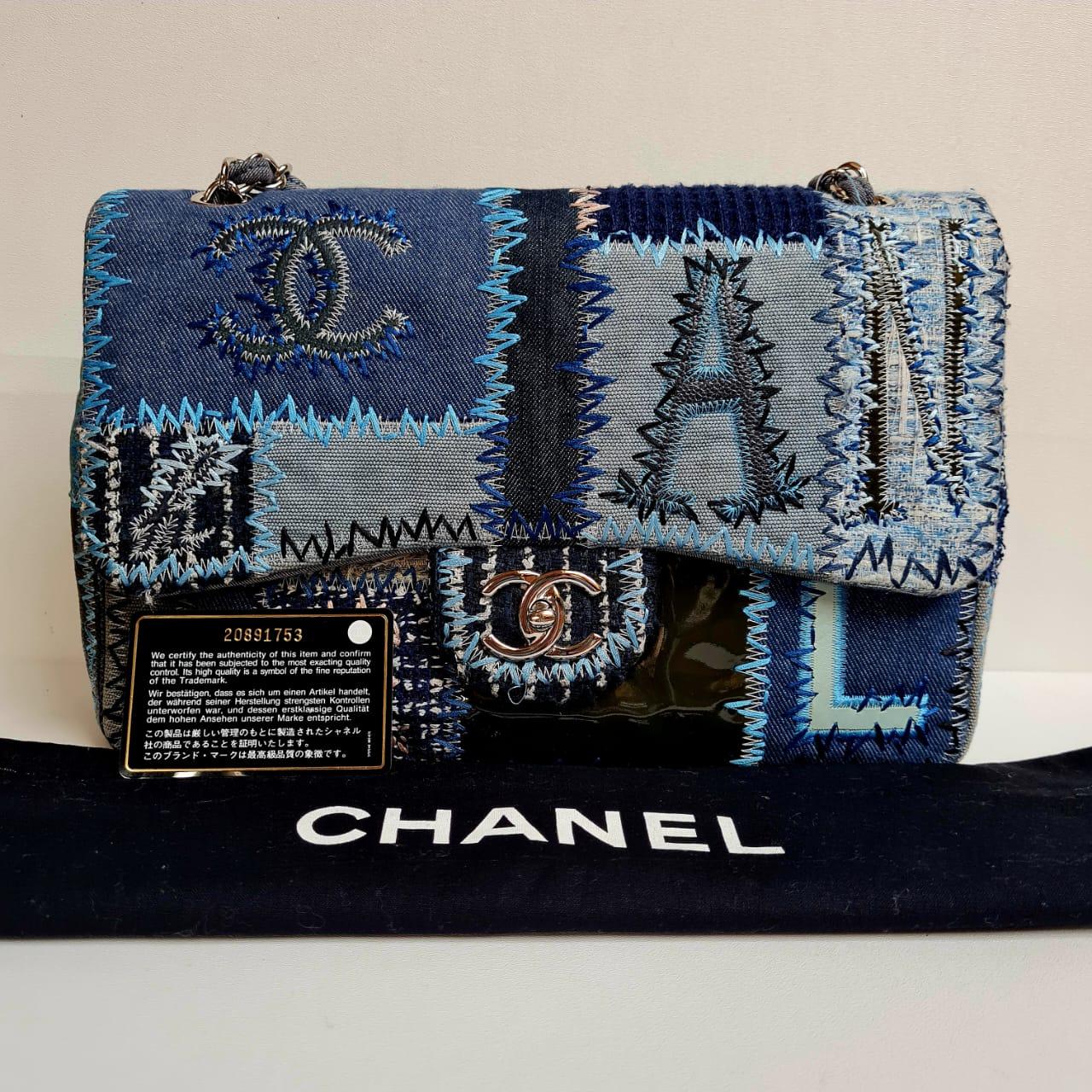 Rare Chanel Blue Denim Patchwork Quilted Jumbo Single Flap Bag 11