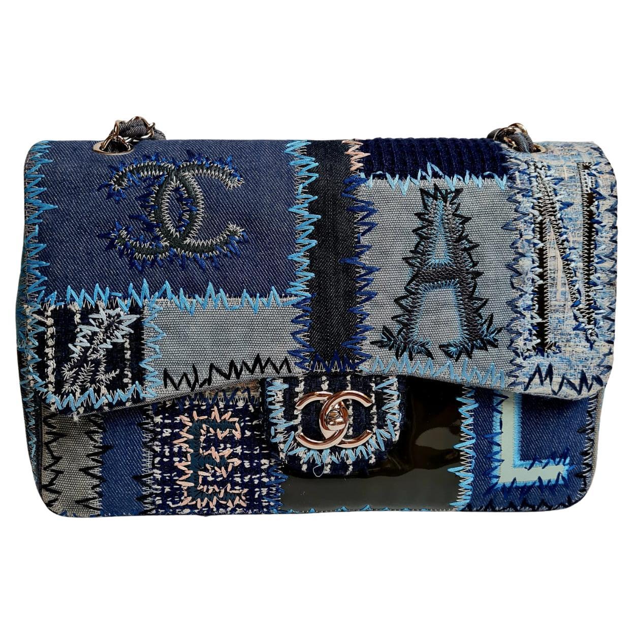 Rare Chanel Blue Denim Patchwork Quilted Jumbo Single Flap Bag