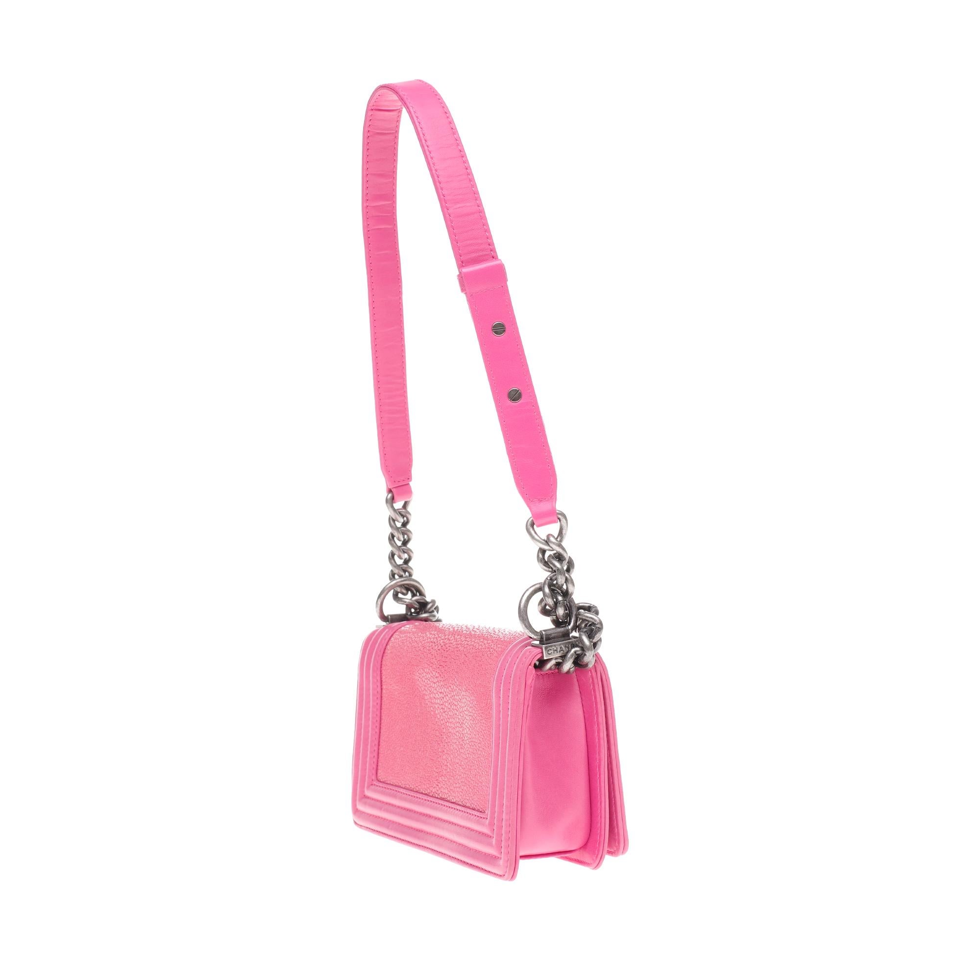 Women's Rare Chanel Boy in Pink leather and stingray fish, antique silver hardware