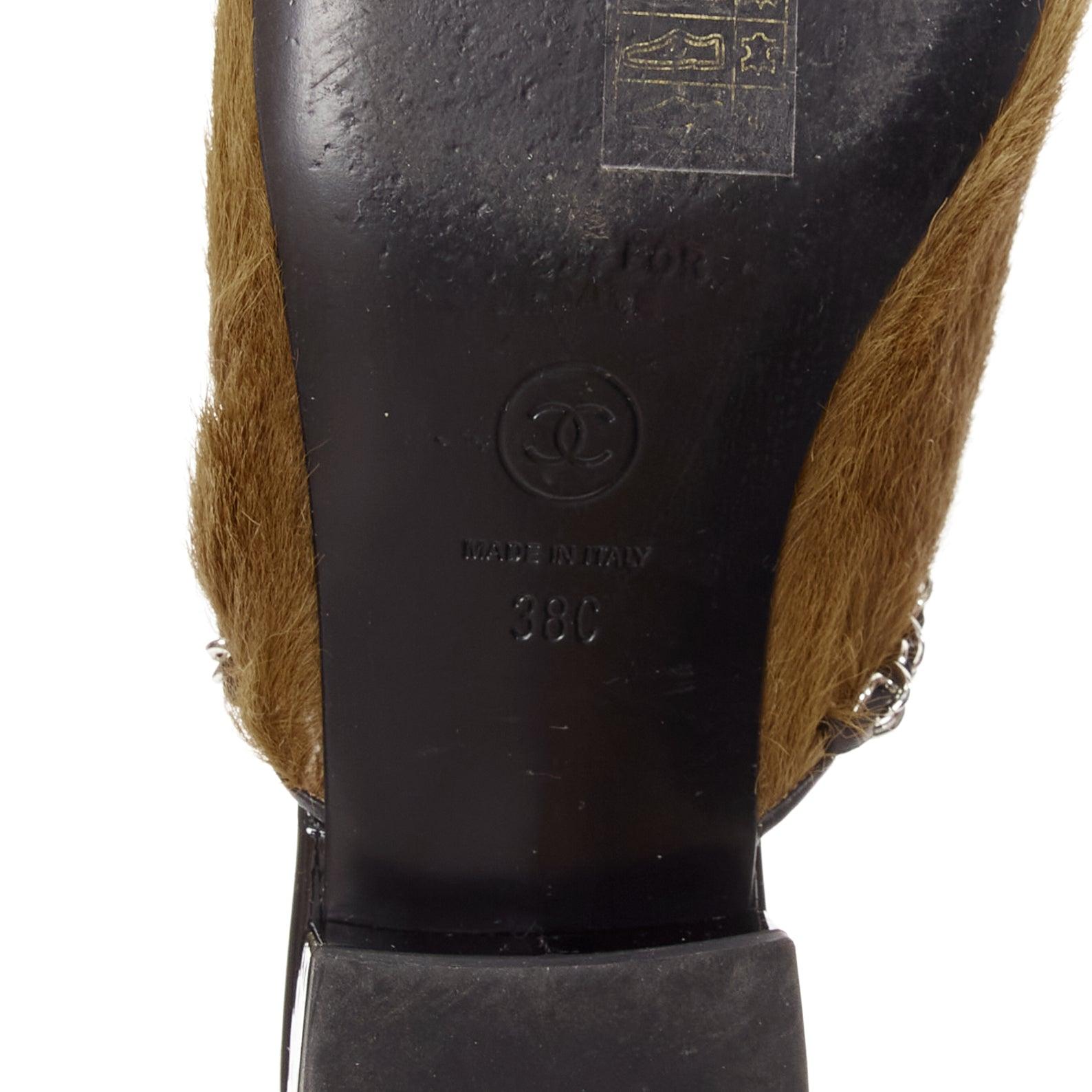 rare CHANEL brown calf hair charm black chain trim mule clog sandals EU38 For Sale 6