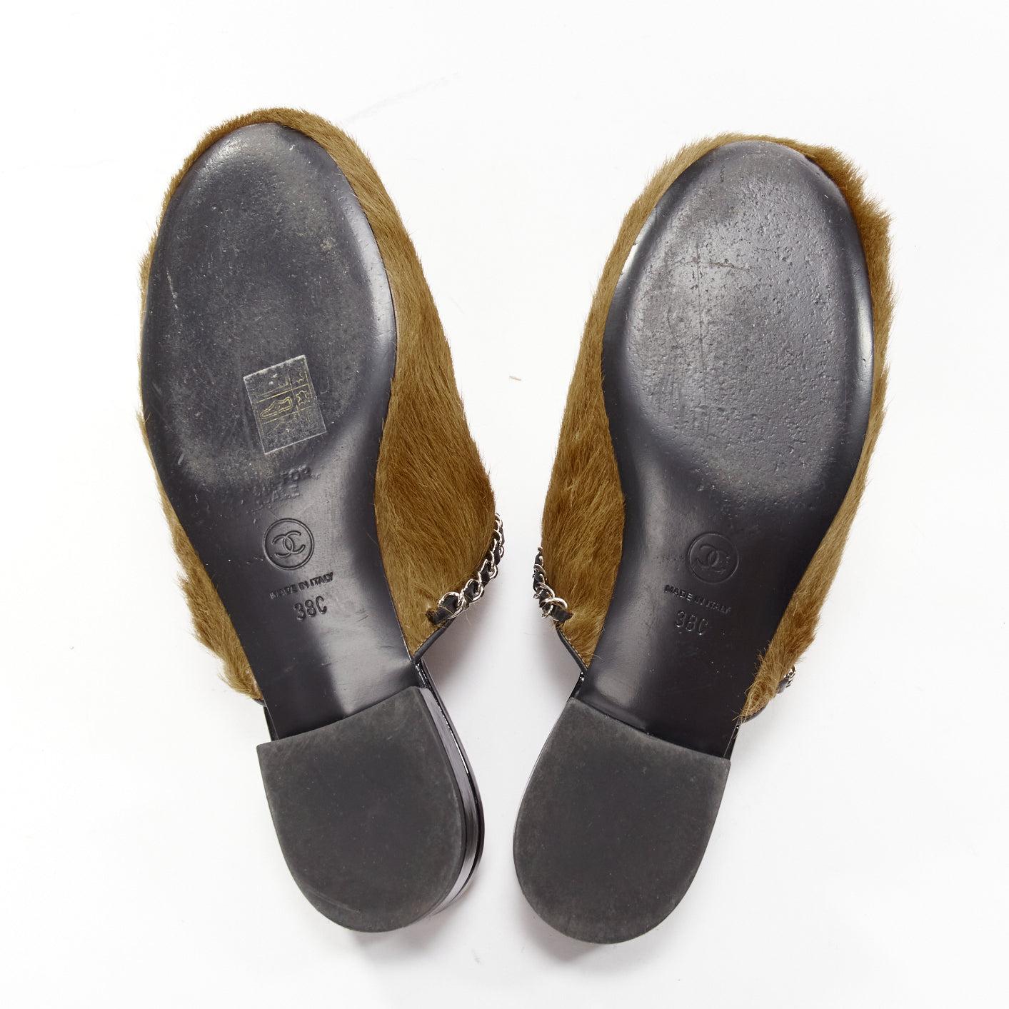 rare CHANEL brown calf hair charm black chain trim mule clog sandals EU38 For Sale 7