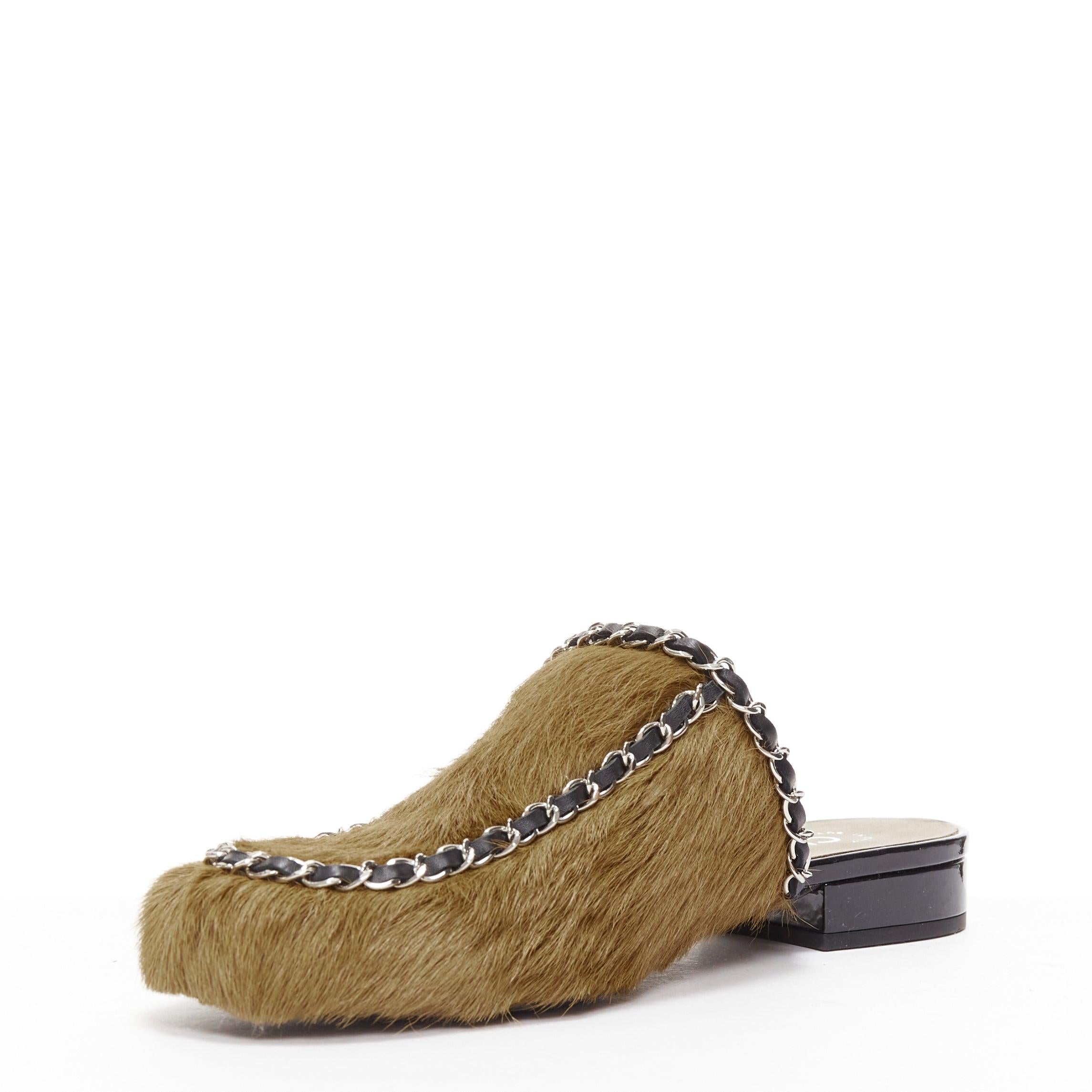Women's rare CHANEL brown calf hair charm black chain trim mule clog sandals EU38 For Sale