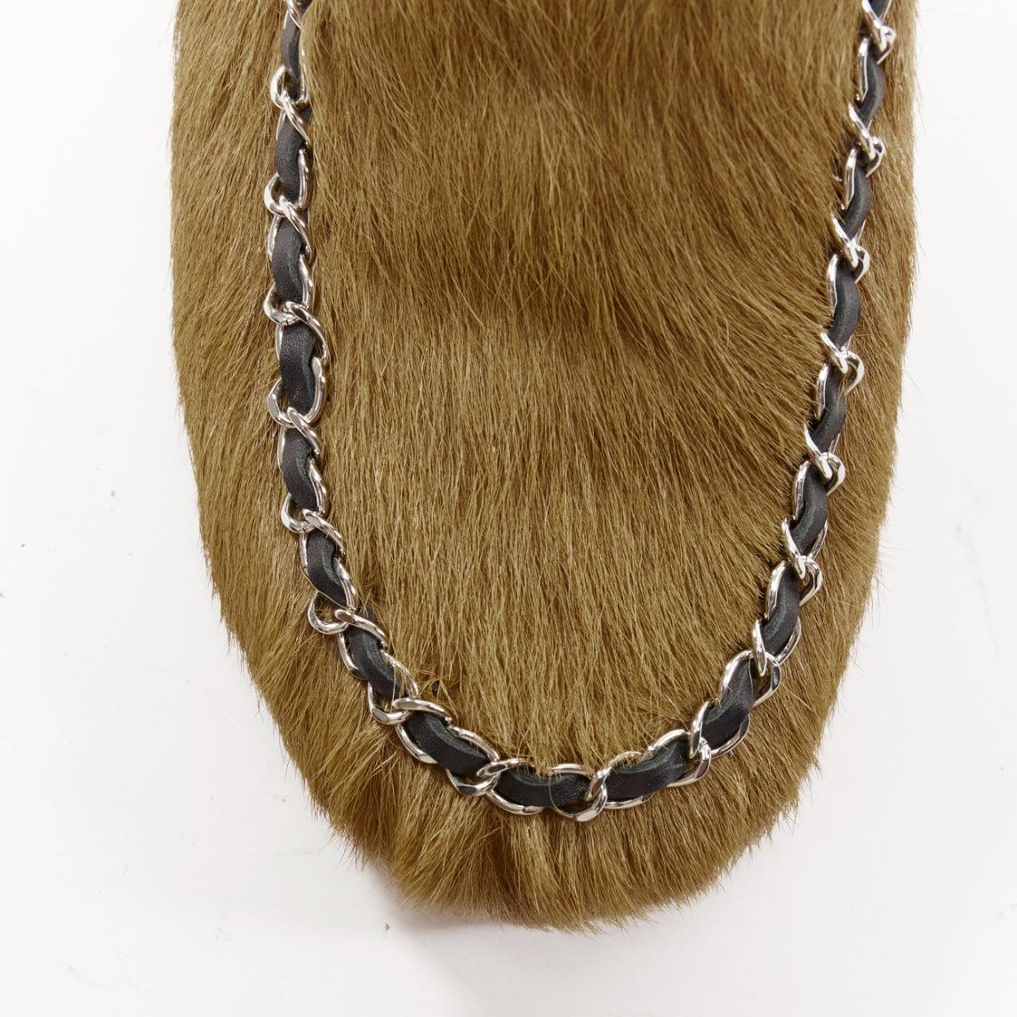 rare CHANEL brown calf hair charm black chain trim mule clog sandals EU38 For Sale 2