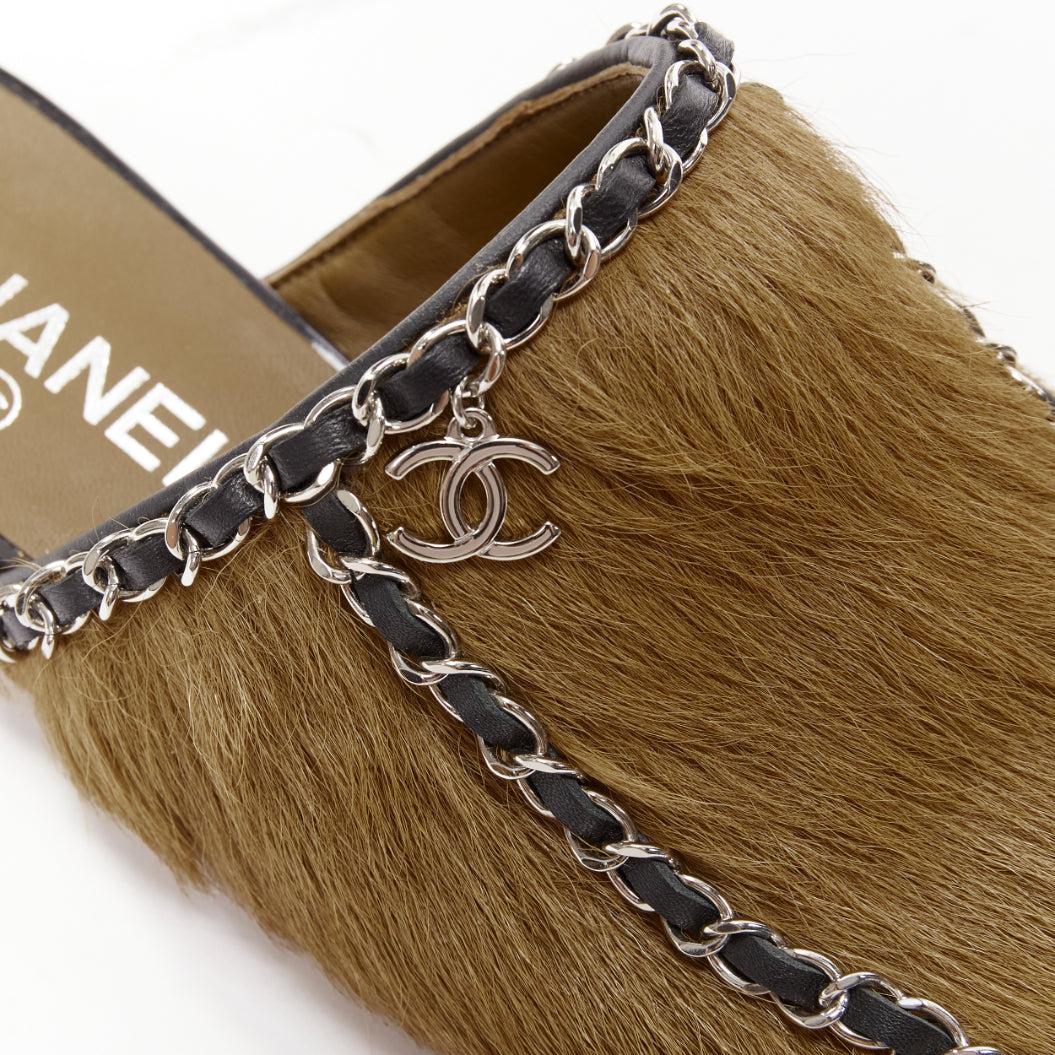 rare CHANEL brown calf hair charm black chain trim mule clog sandals EU38 For Sale 3