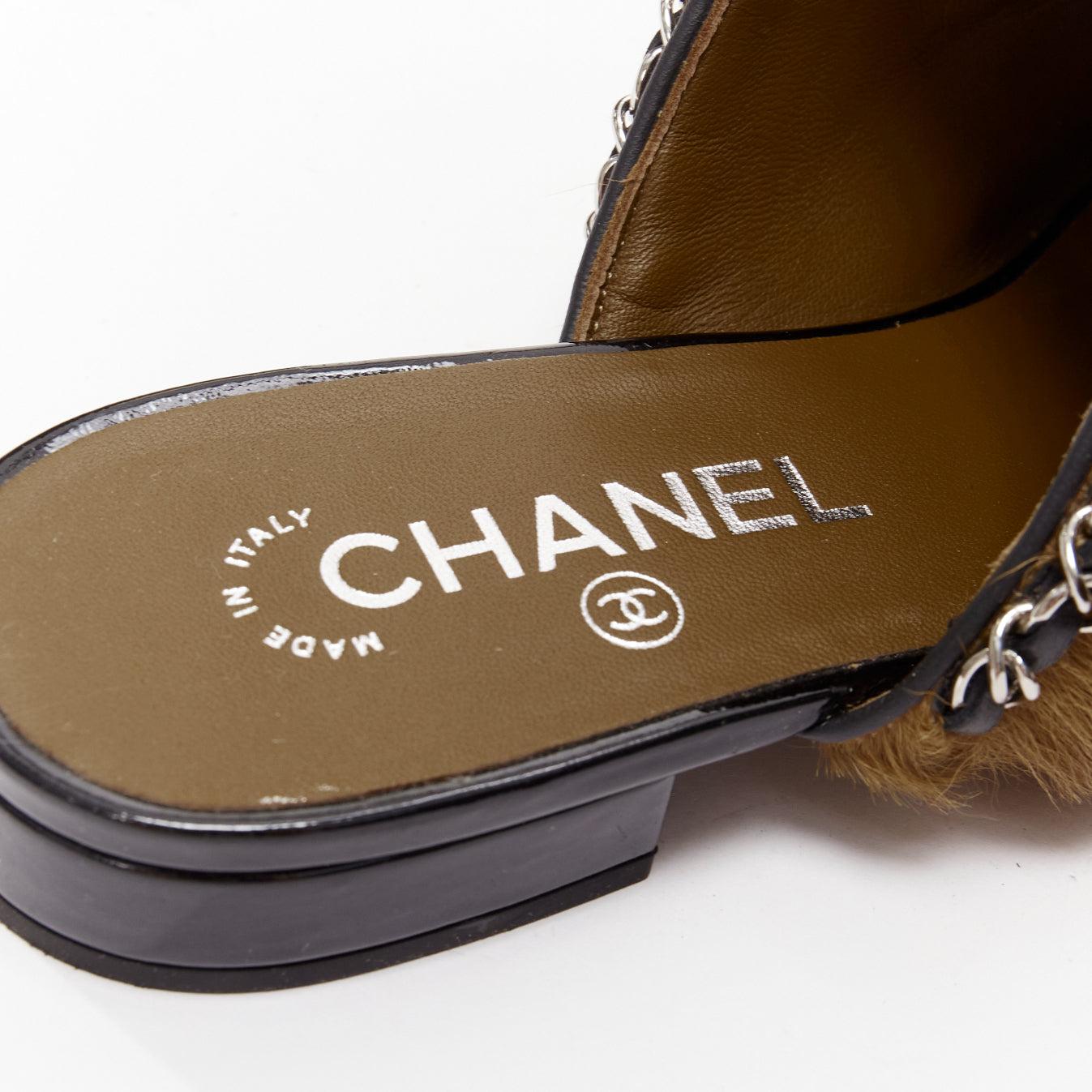 rare CHANEL brown calf hair charm black chain trim mule clog sandals EU38 For Sale 4