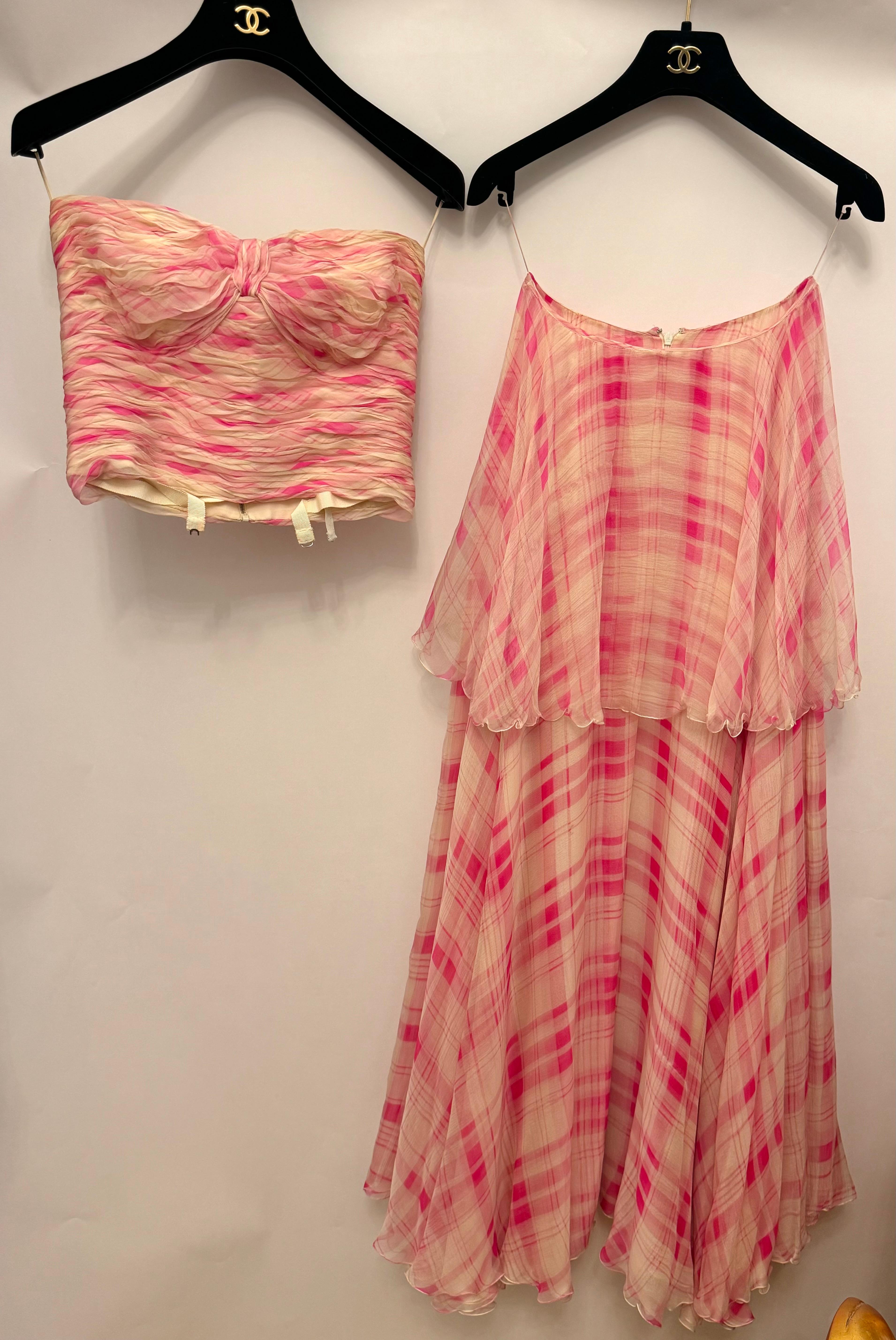 Brown Rare Chanel by Karl Lagerfeld Cruise 1995 pink silk set corset bustier and skirt For Sale