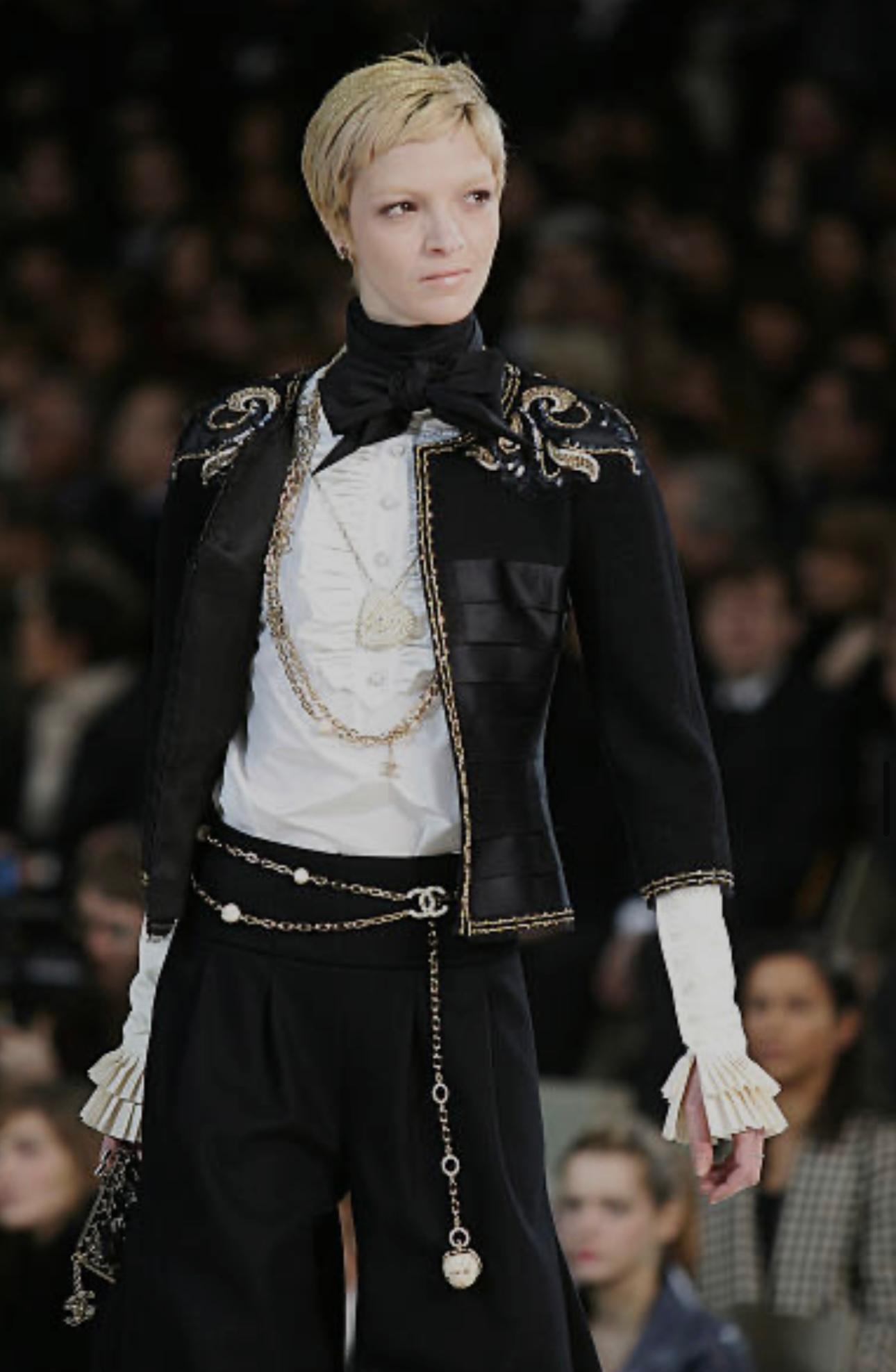 Rare Chanel by Karl Lagerfeld Fall Winter 2006 runway embroidery jacket, black wool tweed, black silk satin and sequins details. A treasure! No size tag it fits US 0/2 (34 and 36 FR) 