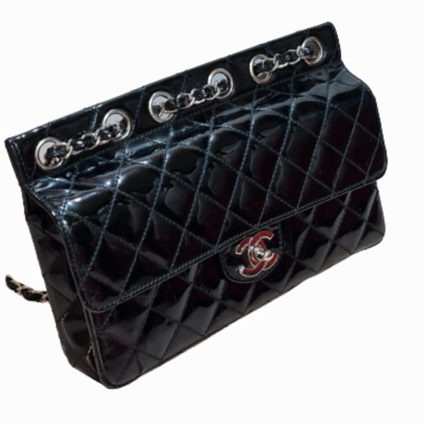 Women's or Men's Rare Chanel Chain Through Flap Black Patent Medium Flap Bag For Sale