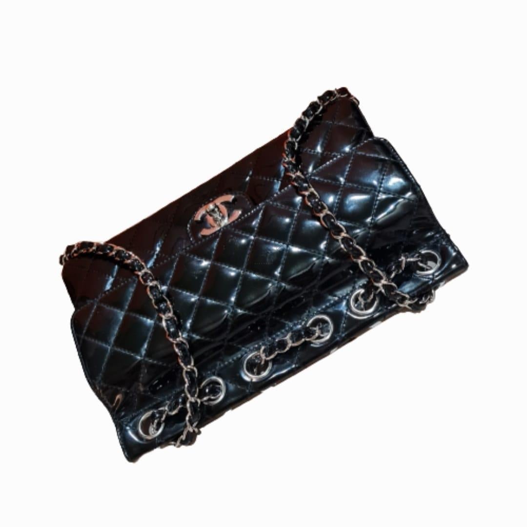 Rare Chanel Chain Through Flap Black Patent Medium Flap Bag For Sale 3