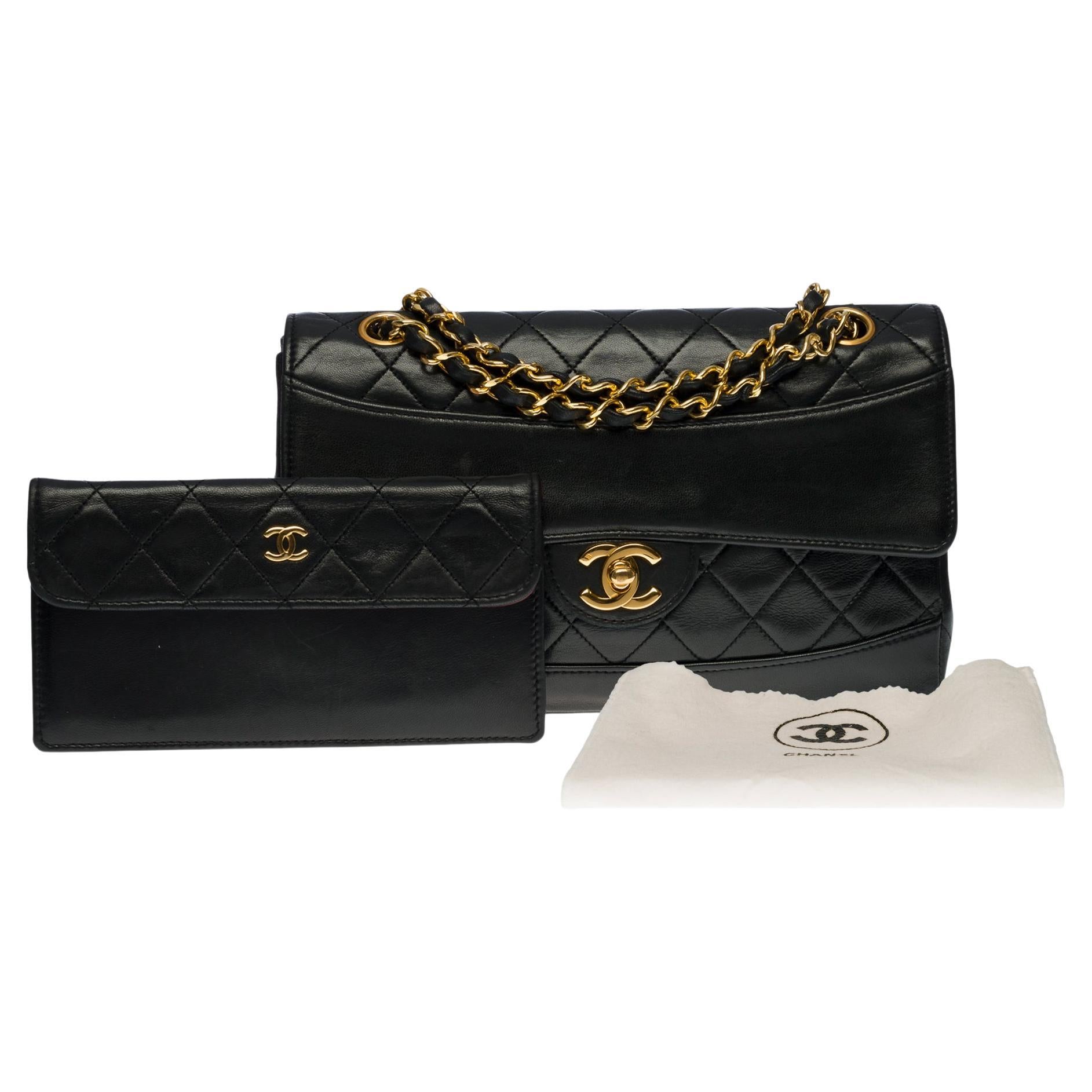 Rare Chanel Classic Flap shoulder bag in black quilted lambskin with Pouch, GHW