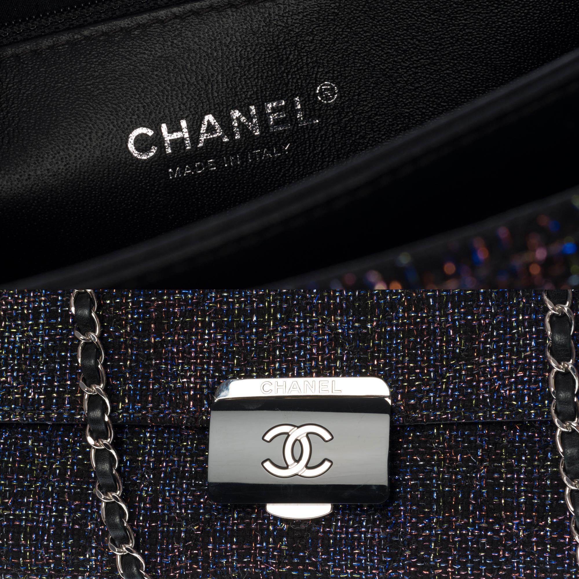 Rare Chanel Classic Flap shoulder Bag in black Tweed and glittery threads, SHW 1