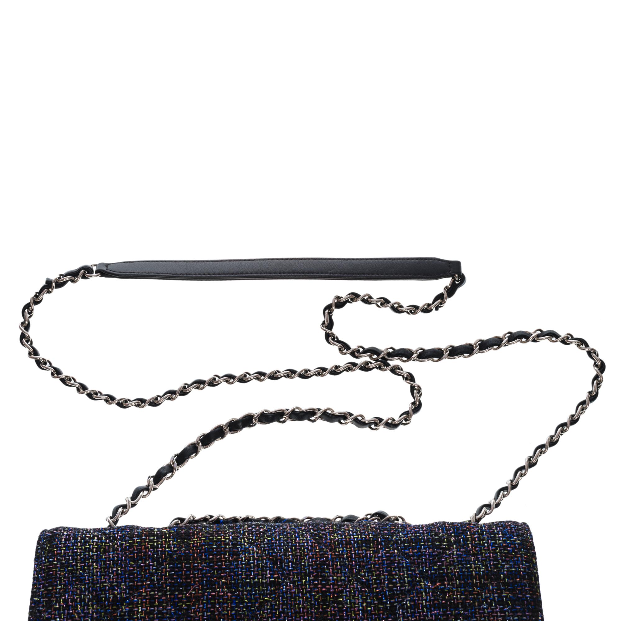 Rare Chanel Classic Flap shoulder Bag in black Tweed and glittery threads, SHW 4