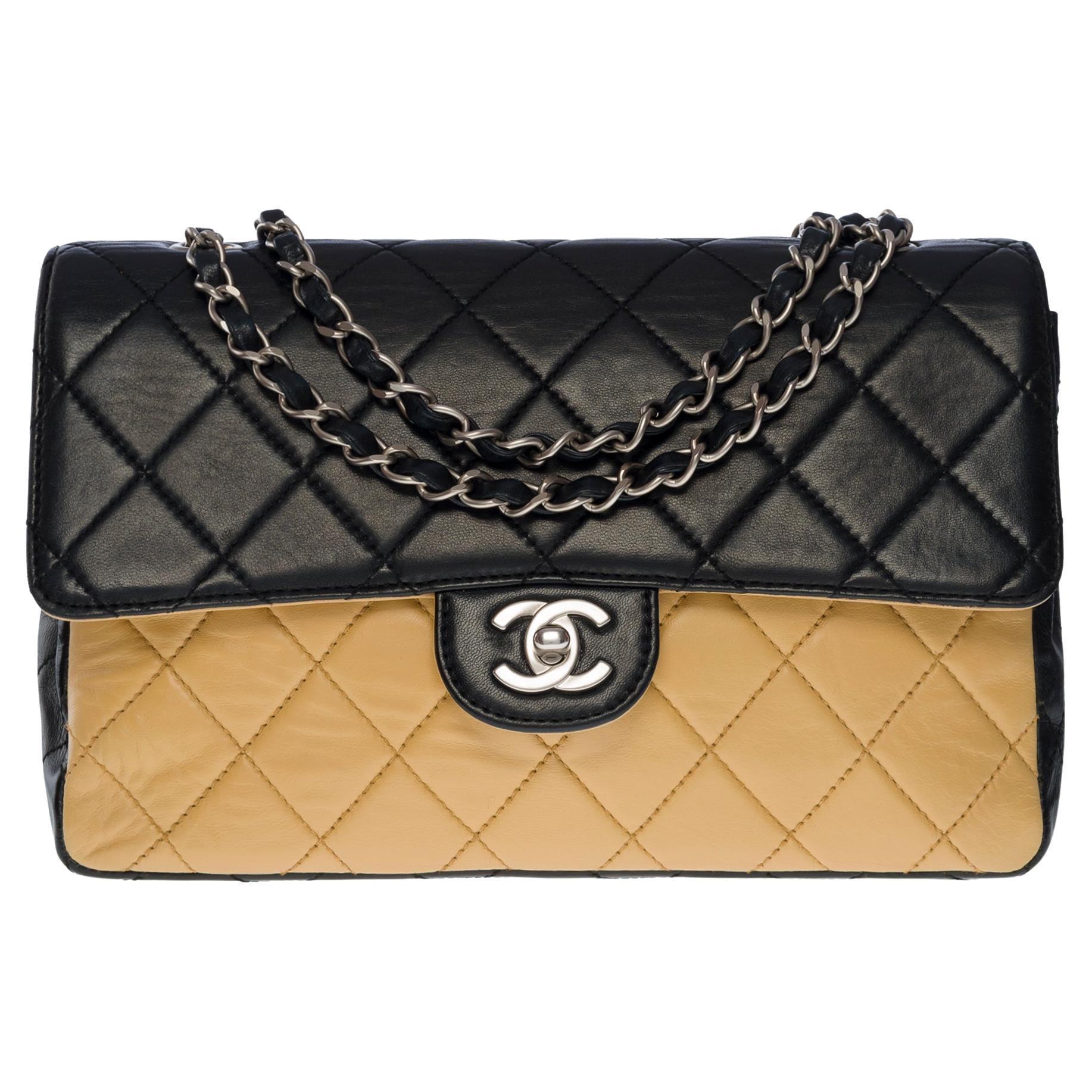 Rare Chanel Classic single flap shoulder bag in black/beige quilted lambskin, SHW For Sale