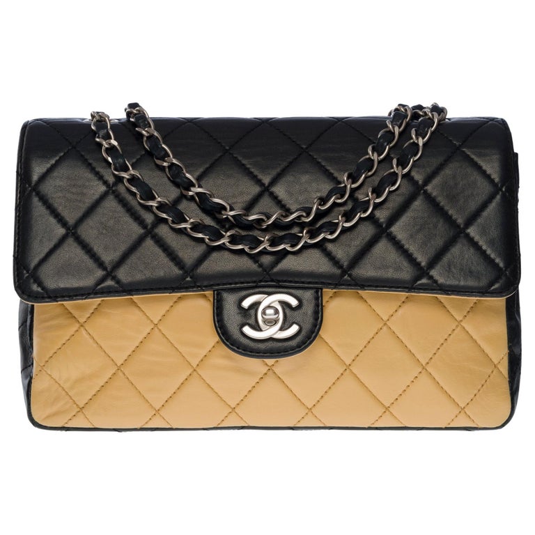 Rare Chanel Classic single flap shoulder bag in black/beige quilted  lambskin, SHW