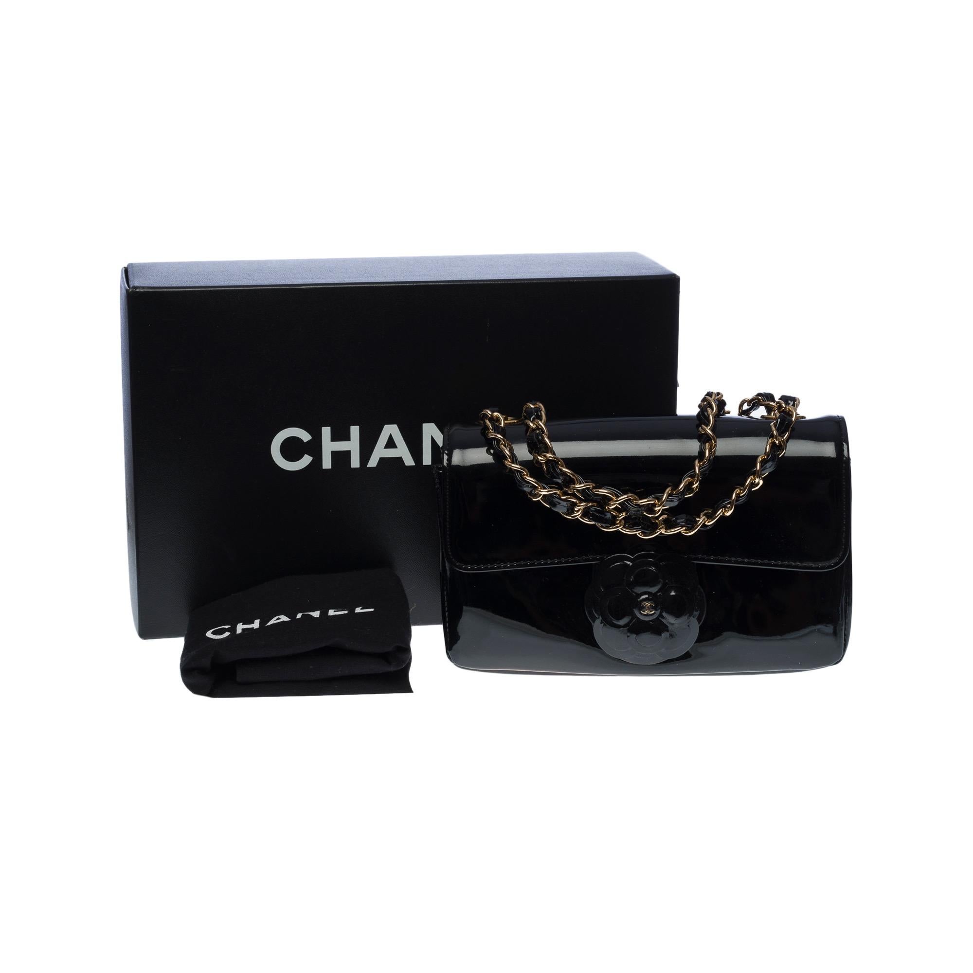 Rare Chanel Classic Timeless Camellia Mini flap bag in black patent leather, GHW 7