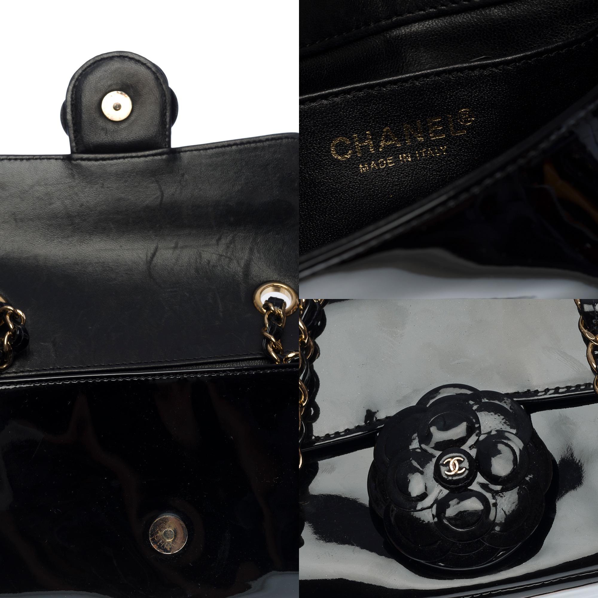 Rare Chanel Classic Timeless Camellia Mini flap bag in black patent leather, GHW 1