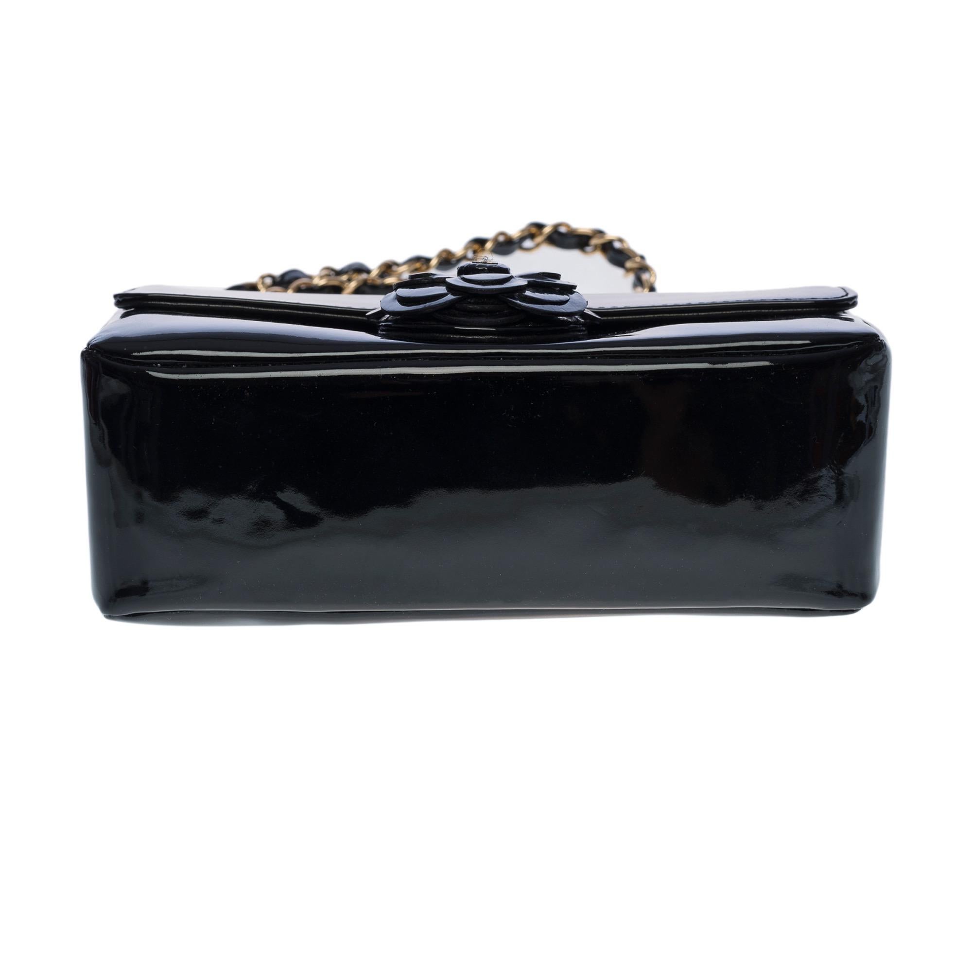 Rare Chanel Classic Timeless Camellia Mini flap bag in black patent leather, GHW 3