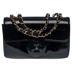 Rare Chanel Classic Timeless Camellia Mini flap bag in black patent leather, GHW