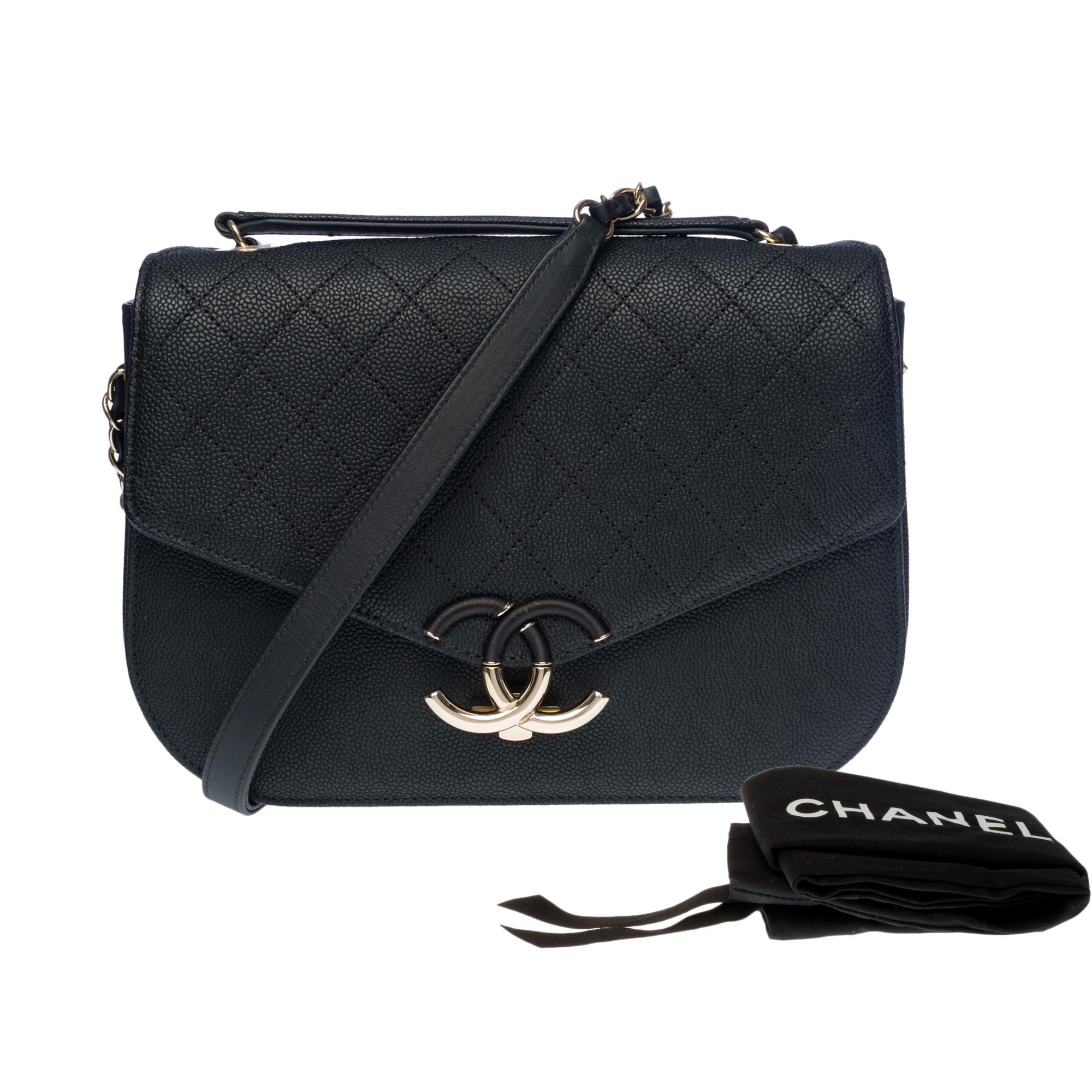 Rare sac à rabat Chanel Coco Cuba de taille moyenne en cuir caviar noir champagne HW  en vente 8
