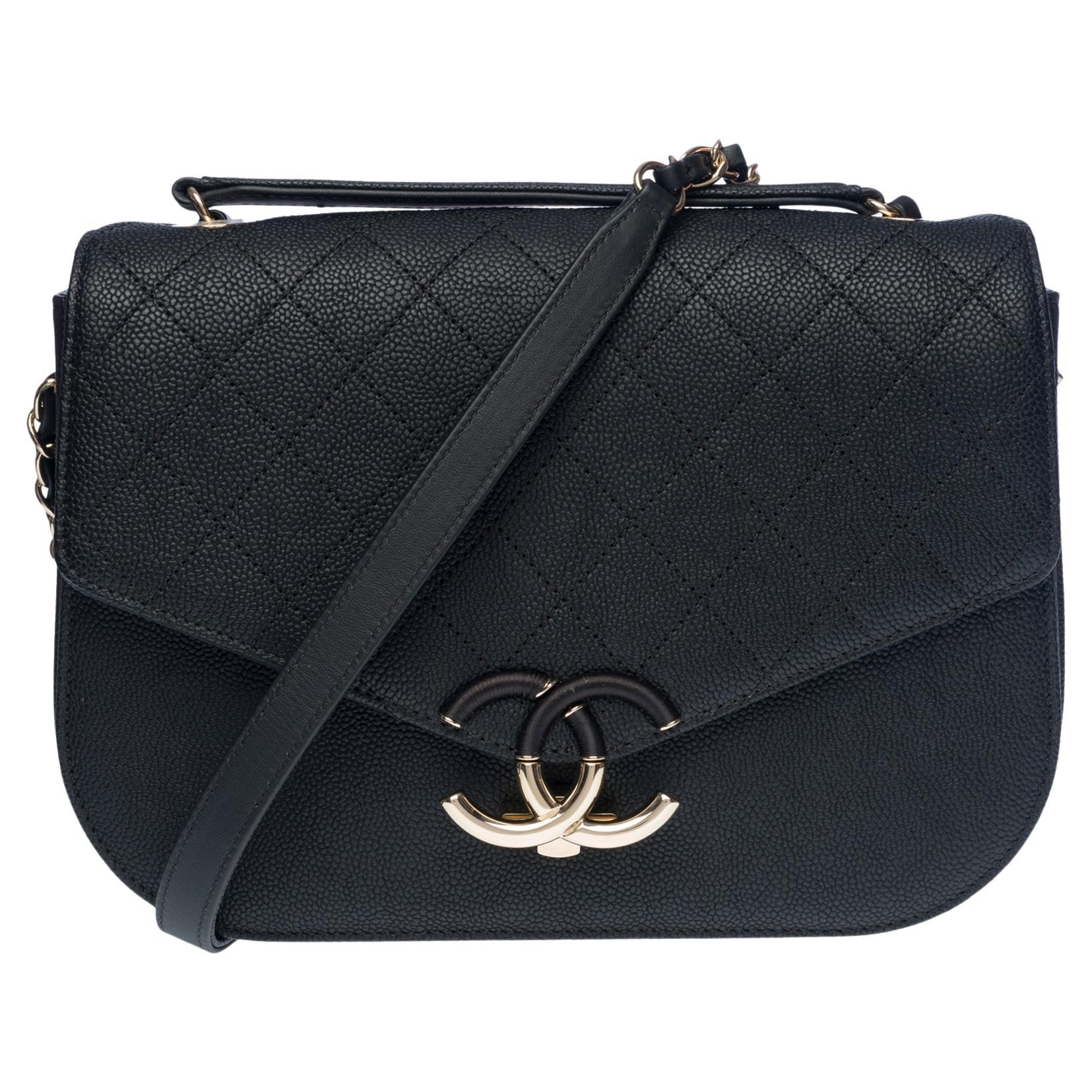RARE Chanel Coco Cuba Medium flap bag in black caviar leather, Champagne HW  For Sale
