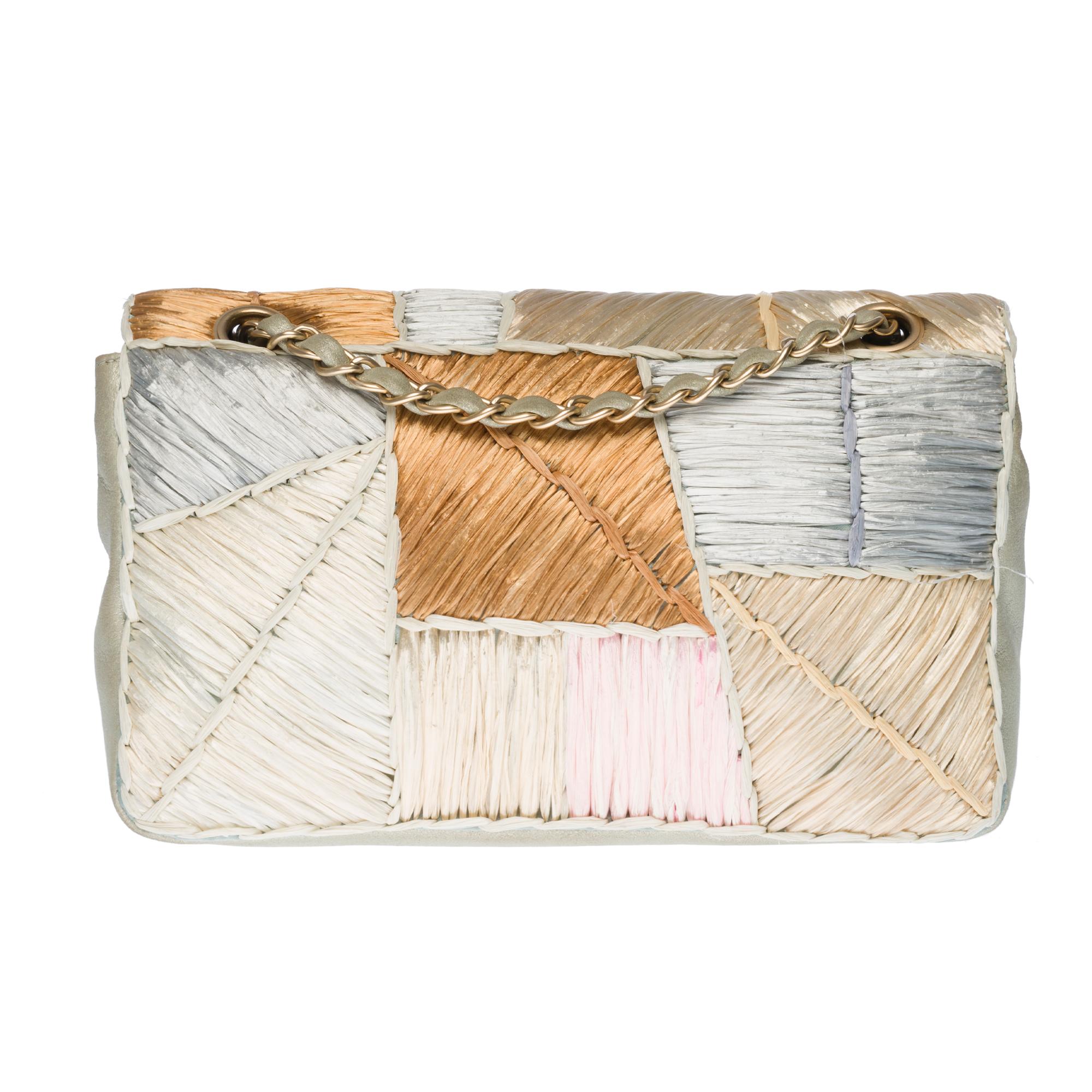Creme and multicolor patchwork raffia Chanel Classic Flap bag with brushed gold-tone hardware, single convertible chain-link and leather shoulder strap, metallic silver leather leather trim, seafoam satin lining, dual pockets at interior wall; one