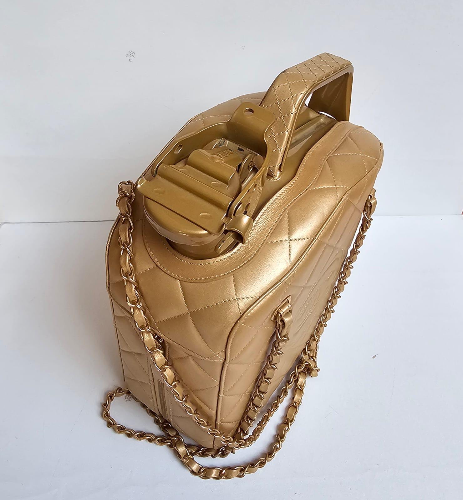Rare Chanel runway piece from Dubai Cruise 2015 in Gold leather. Overall still in well kept condition. Very minor ripping on the bottom exterior leather but not too visible. Slight chipping on the opening hardware. Comes as is with replacement dust
