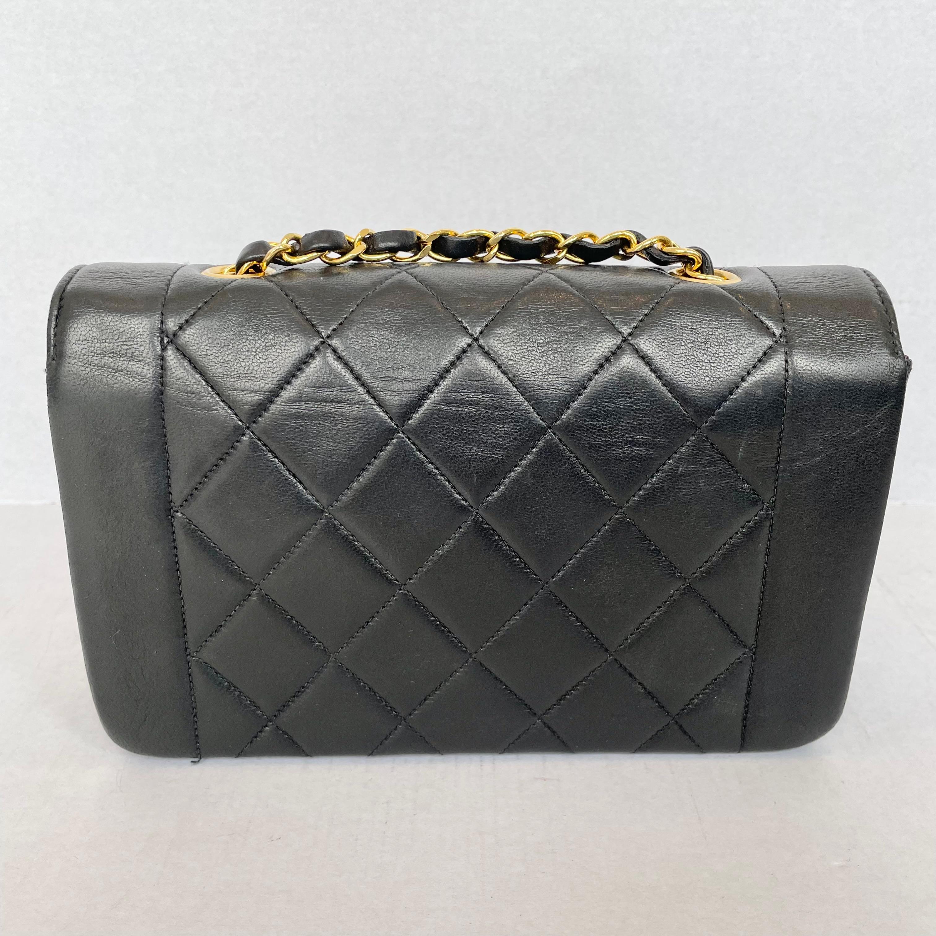 Metal Rare Chanel Diana Shoulder Bag Black Quilted Lambskin Leather, 1990s France For Sale