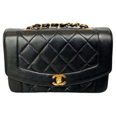 Vintage Rare Chanel Diana Shoulder Bag Black Quilted Lambskin Leather, 1990s France