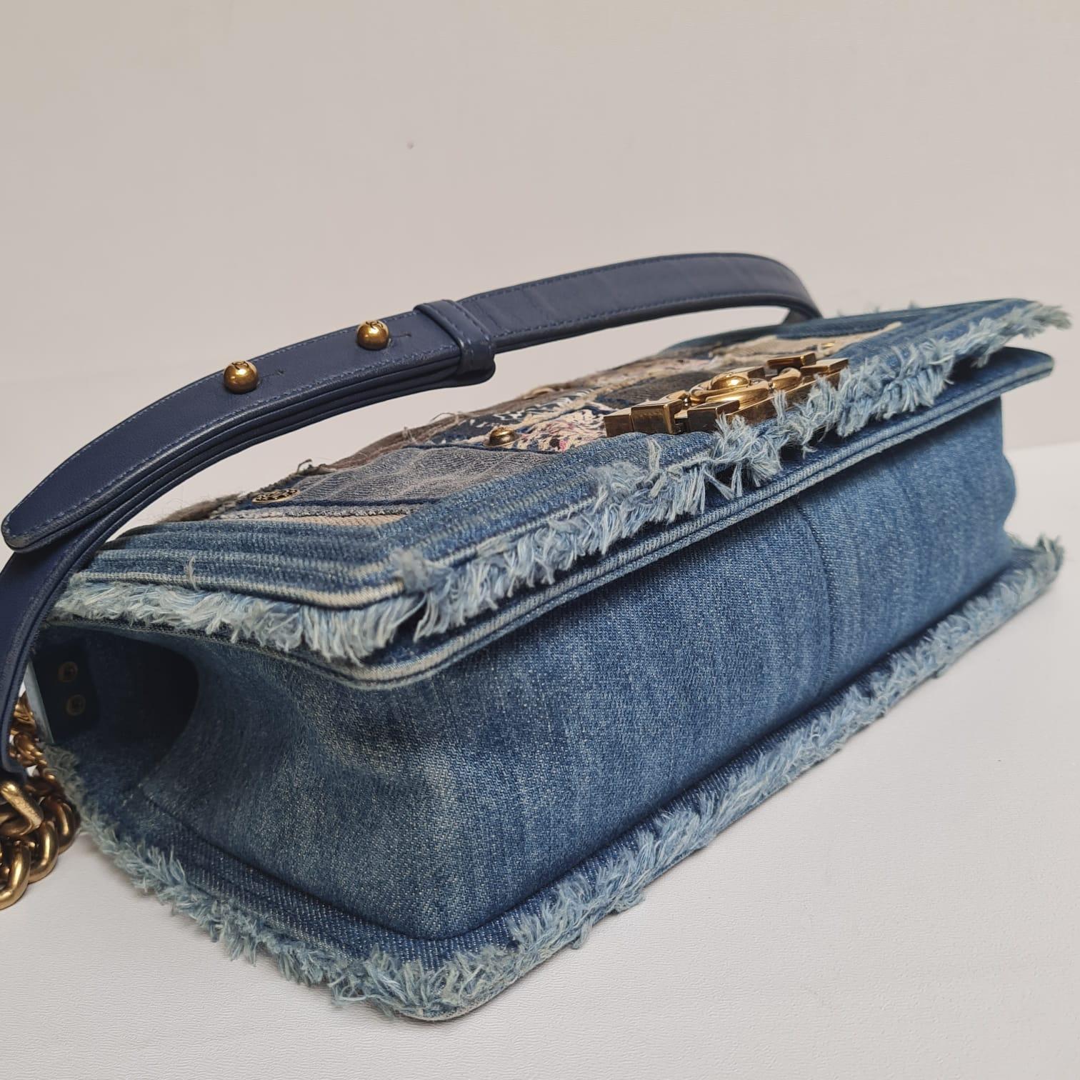 A rare boy bag in denim patchwork ensemble. Perfect bag to add to your collection. Item has been professionally cleaned, with minor scuff marks on the corners due to wear. Light wrinkling on some suede patchwork detail. Missing one emblem hardware