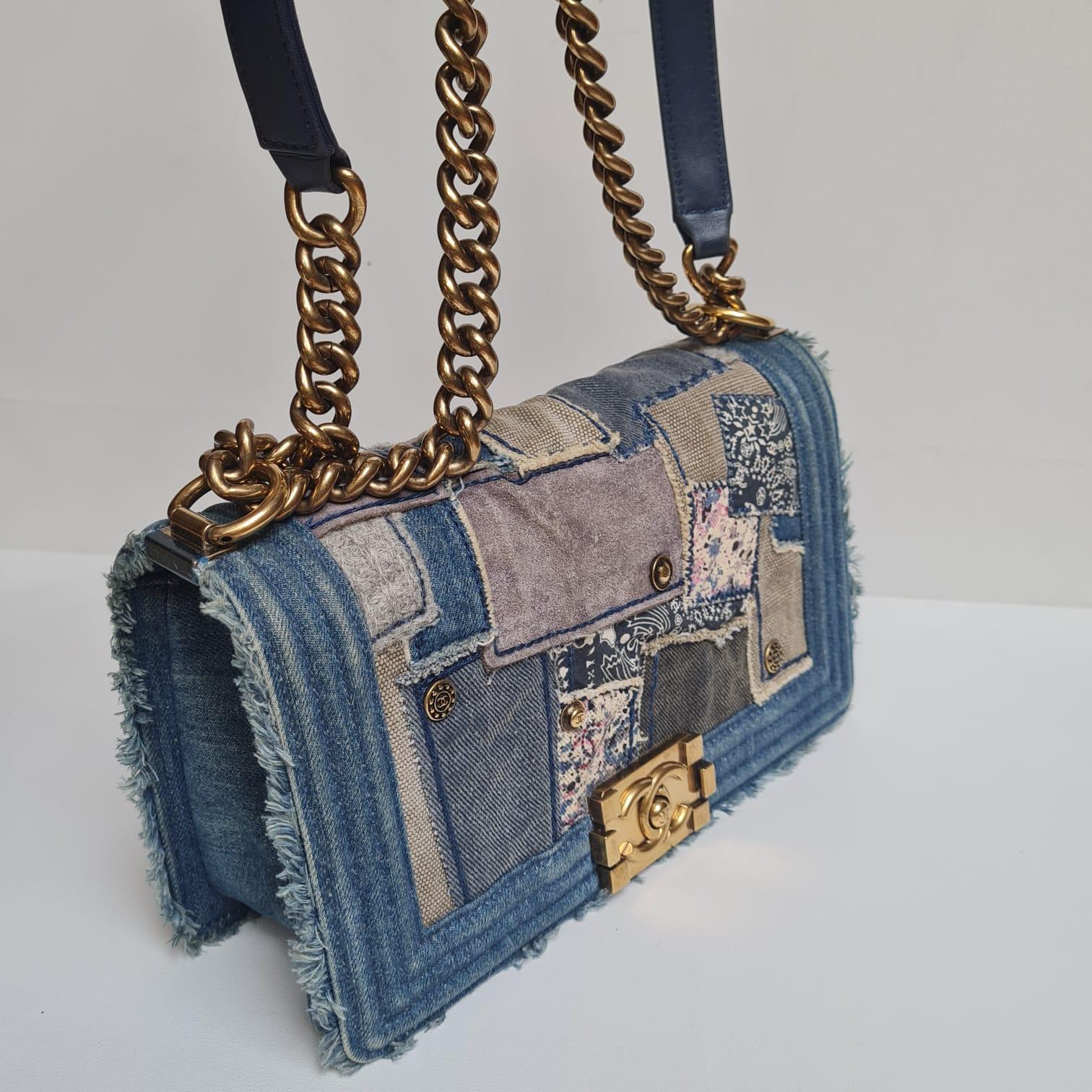 Rare Chanel Distressed Blue Denim Patchwork Old Medium Boy Bag 2