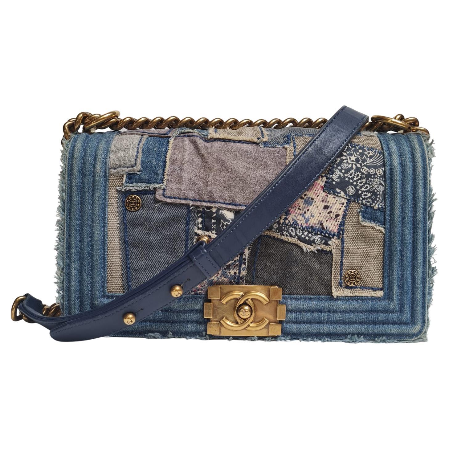 Rare Chanel Distressed Blue Denim Patchwork Old Medium Boy Bag
