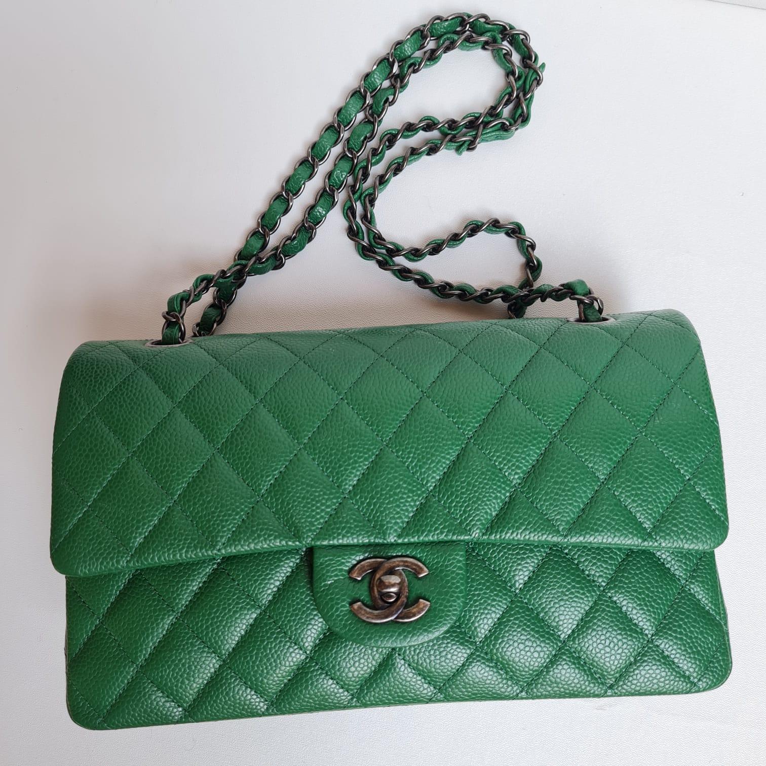 Rare Chanel Emerald Green Caviar Quilted Classic Medium Double Flap Bag RHW 5