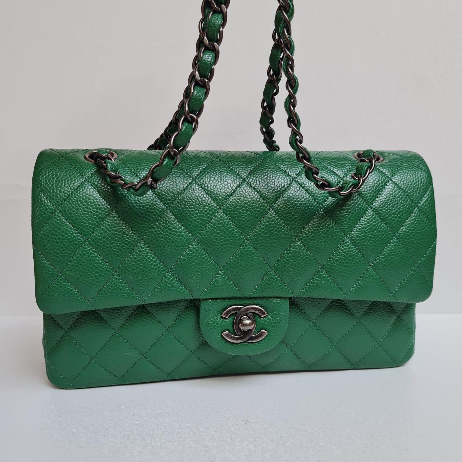 Rare Chanel Emerald Green Caviar Quilted Classic Medium Double Flap Bag RHW 8