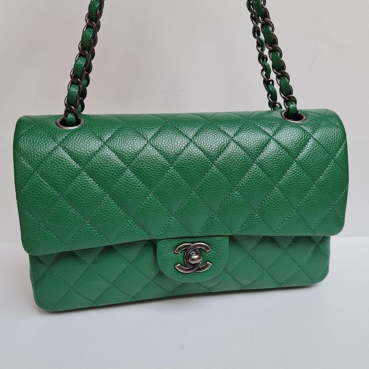 Rare Chanel Emerald Green Caviar Quilted Classic Medium Double Flap Bag RHW 11
