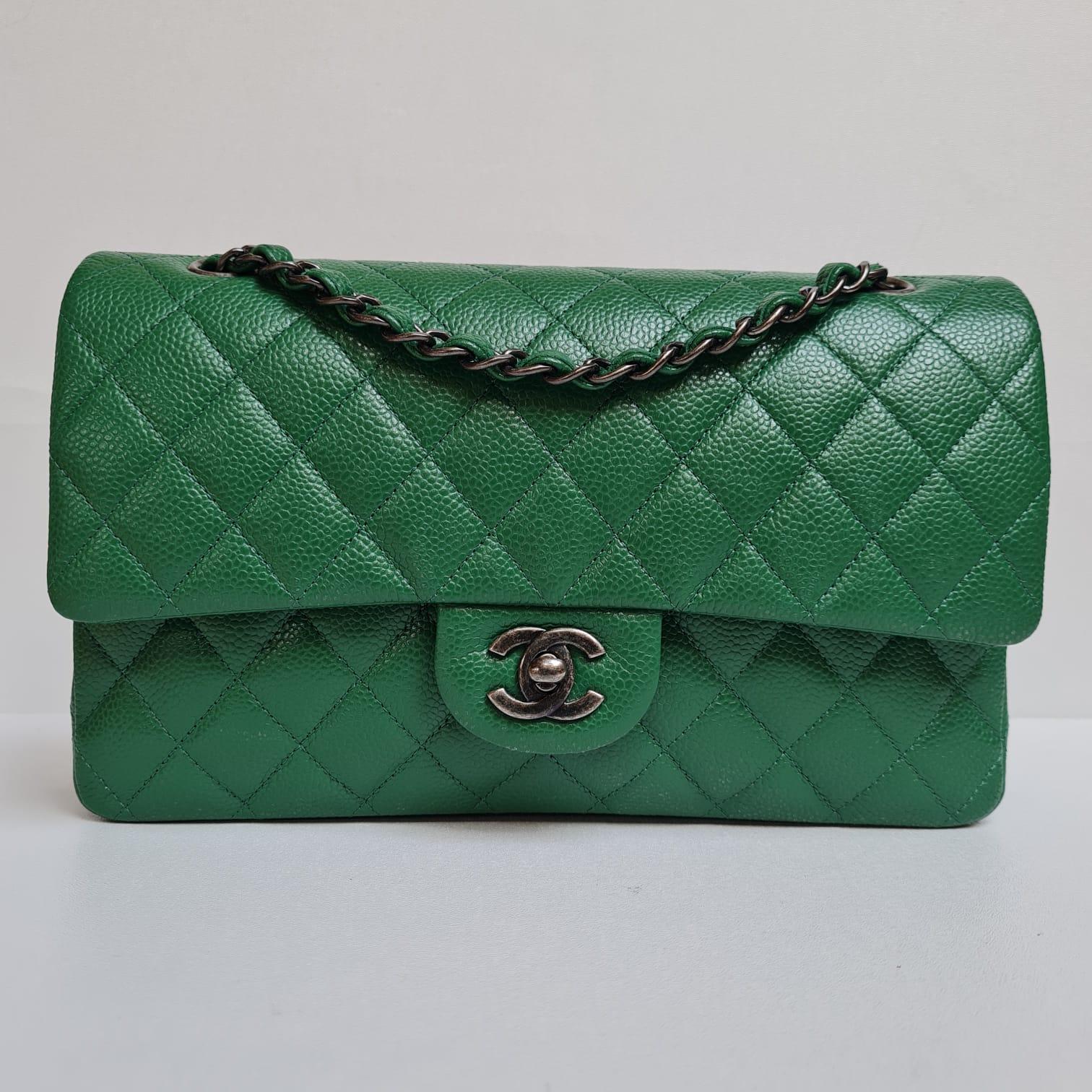 Rare Chanel Emerald Green Caviar Quilted Classic Medium Double Flap Bag RHW 14