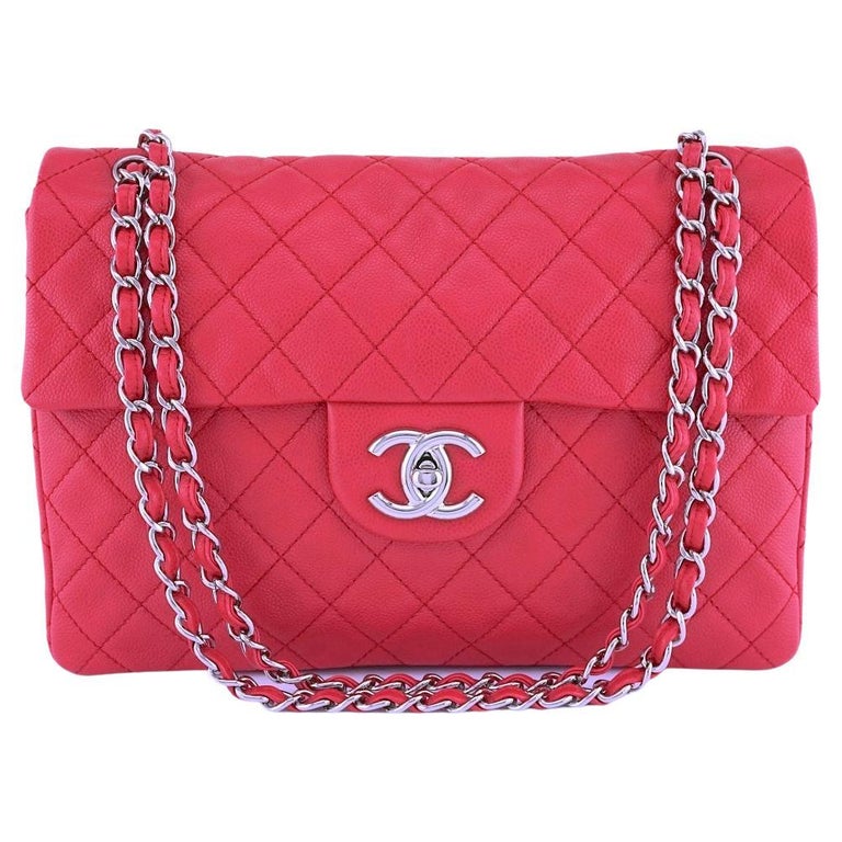 Authentic CHANEL Red Lambskin Classic Maxi Single Flap Bag SHW silver  hardware 